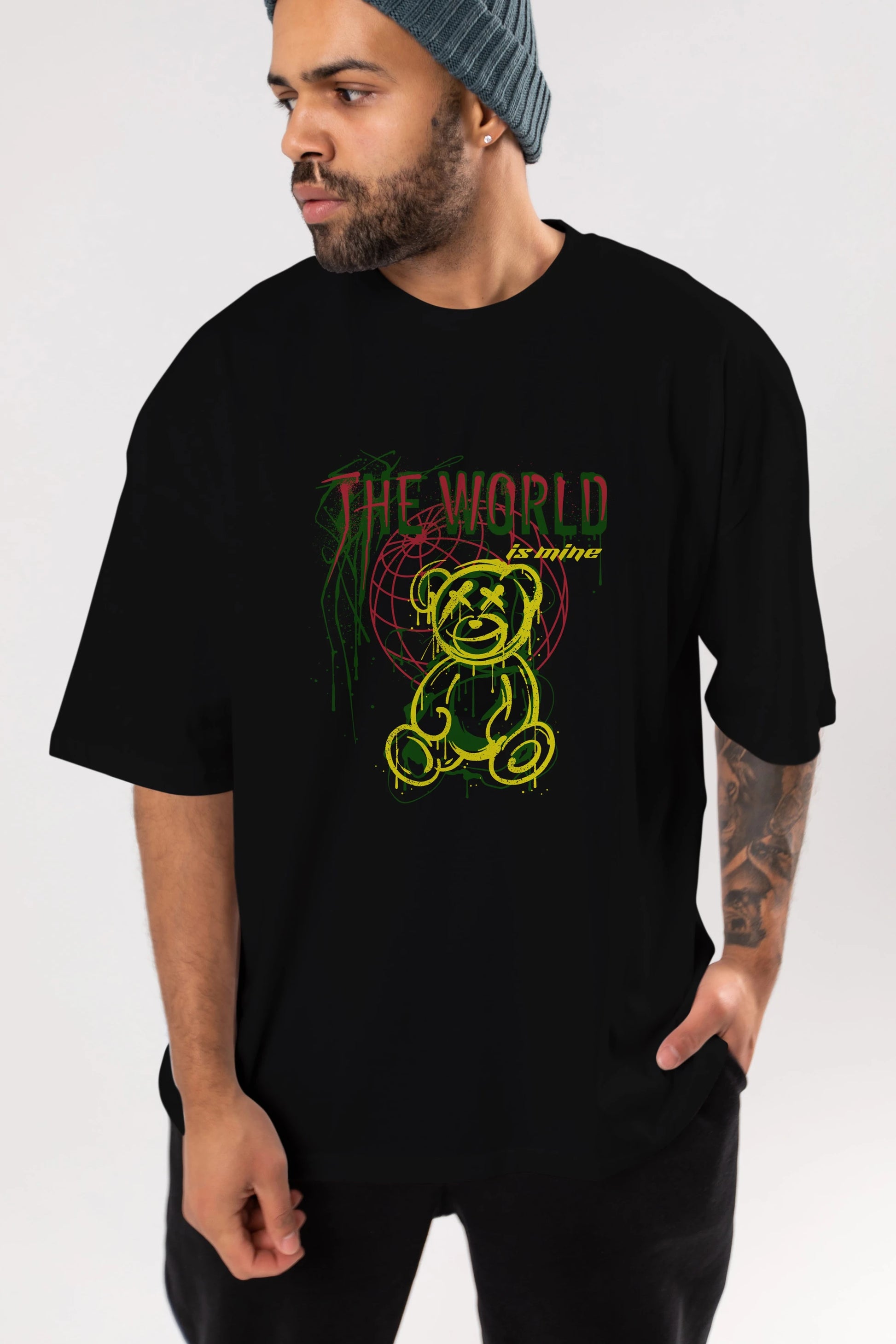 The World is Mine Bear Ön Baskılı Oversize t-shirt Erkek Kadın Unisex