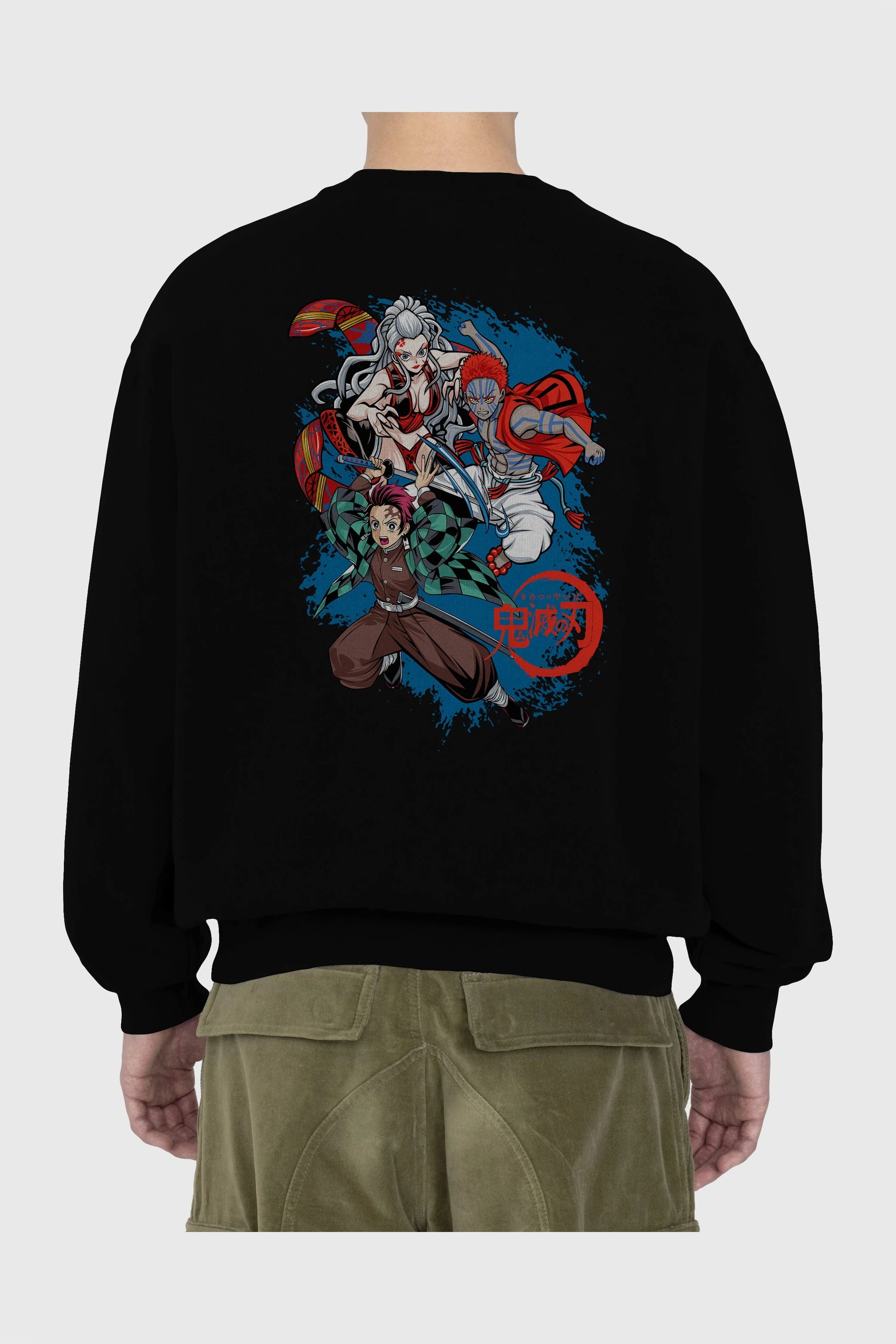 TANJIRO ,AKAZA,DAKI Anime Arka Baskılı Oversize Sweatshirt Erkek Kadın Unisex