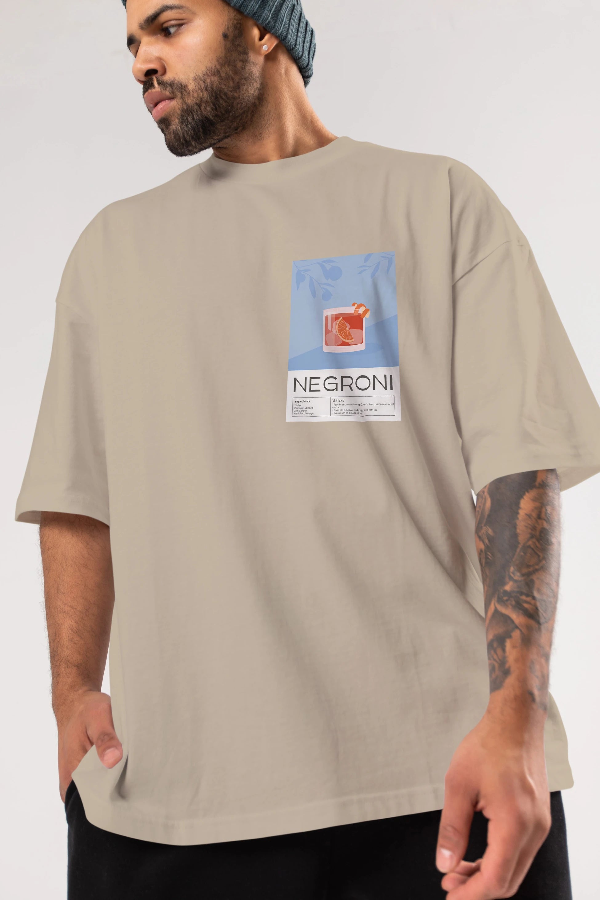 Negroni Ön Sol Baskılı Oversize t-shirt Erkek Kadın Unisex %100 Pamuk Bisiklet Yaka tişort