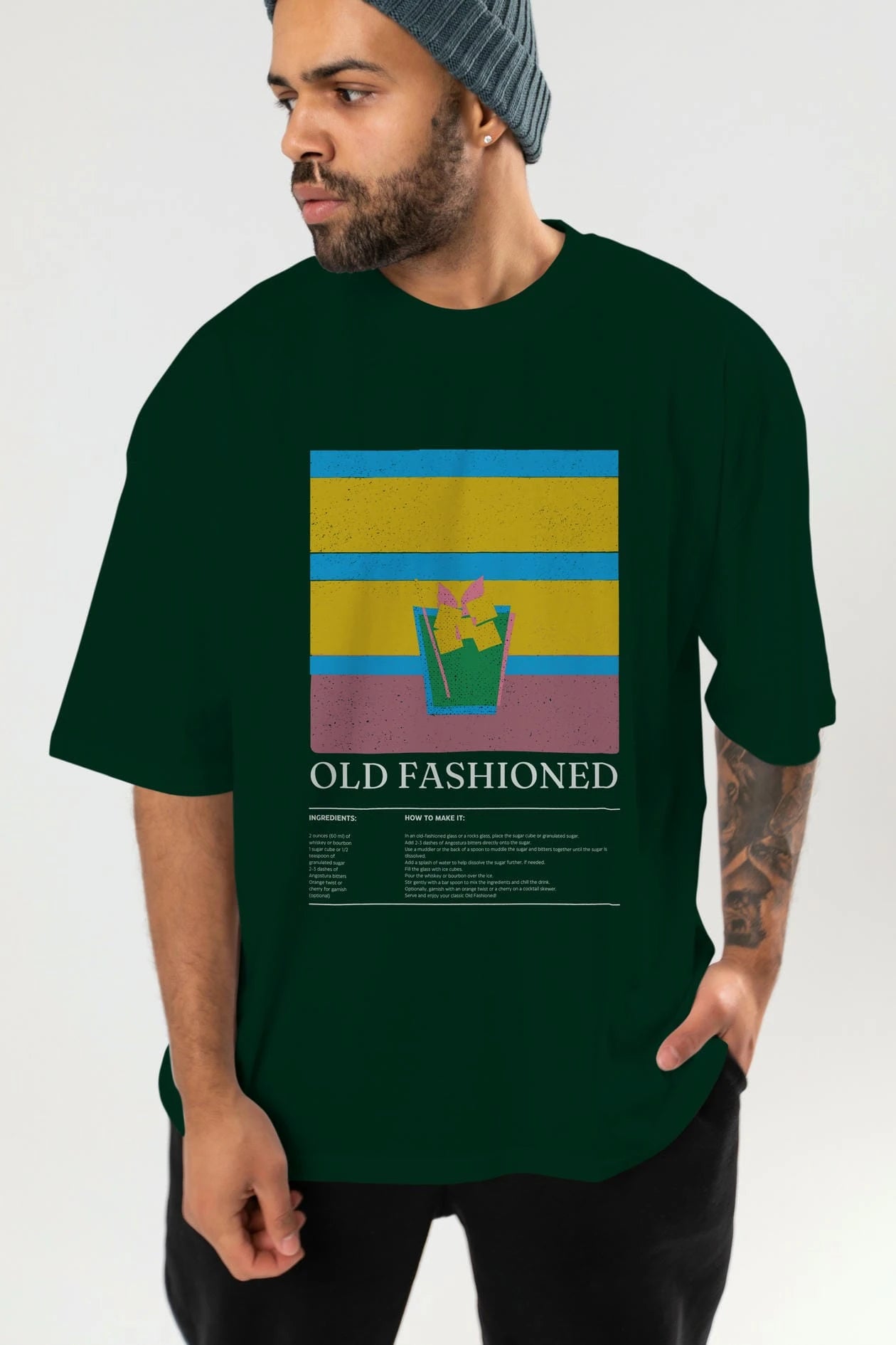 Old Fashioned Kokteyl Ön Baskılı Oversize t-shirt Erkek Kadın %100 Pamuk Bisiklet Yaka tişort