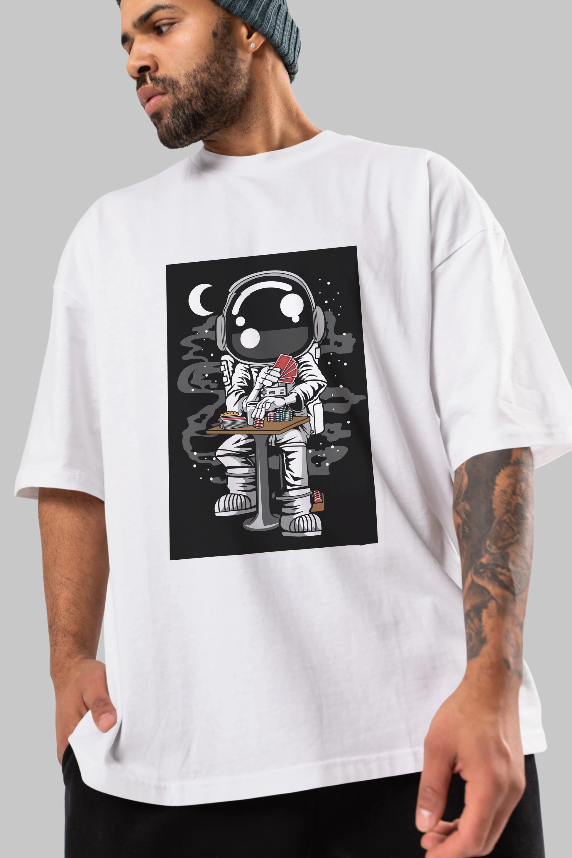 Astronaut Gambler Ön Baskılı Oversize t-shirt Erkek Kadın Unisex