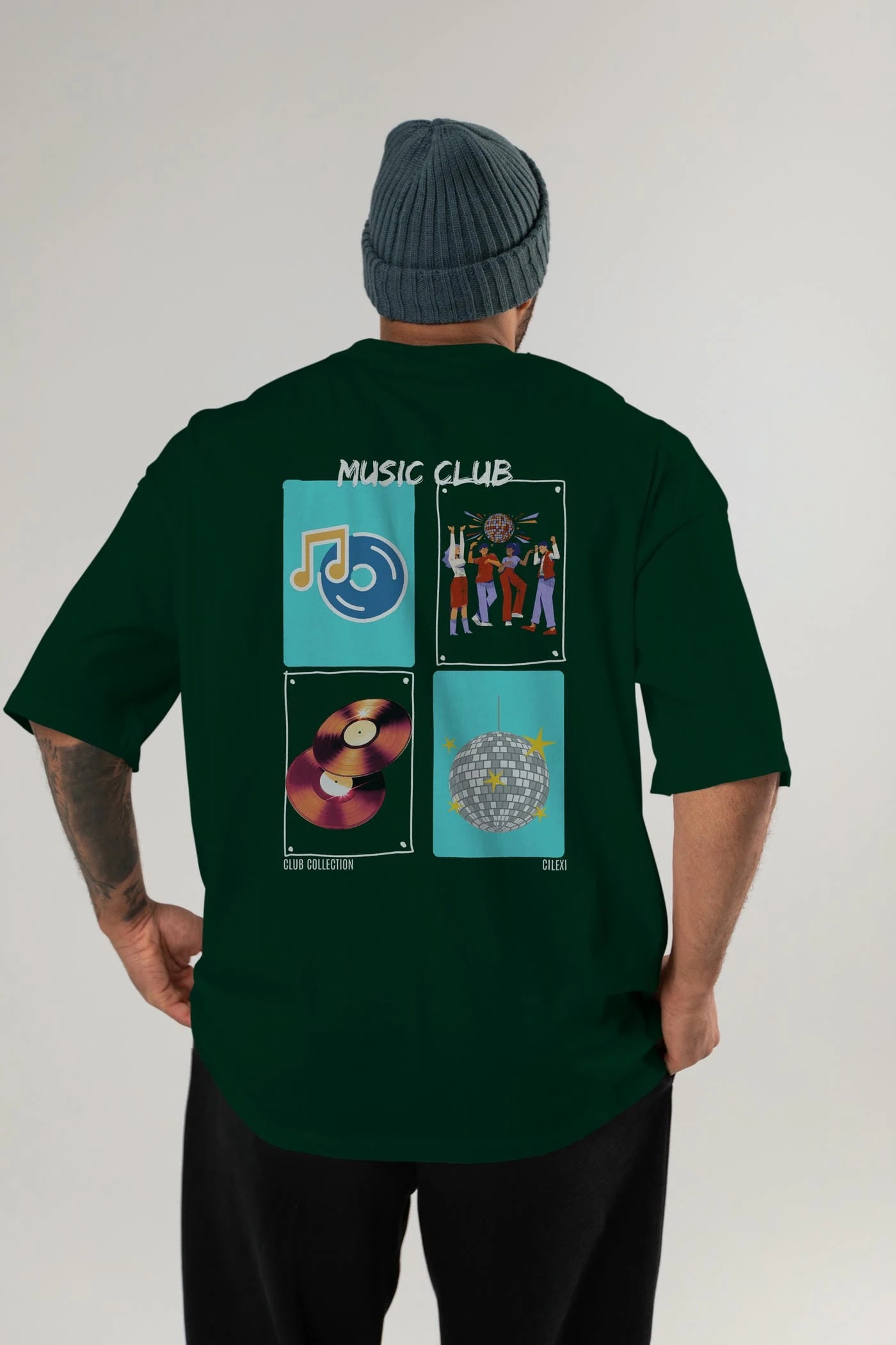 Music Club Arka Baskılı Oversize t-shirt Erkek Kadın %100 Pamuk Bisiklet Yaka tişort