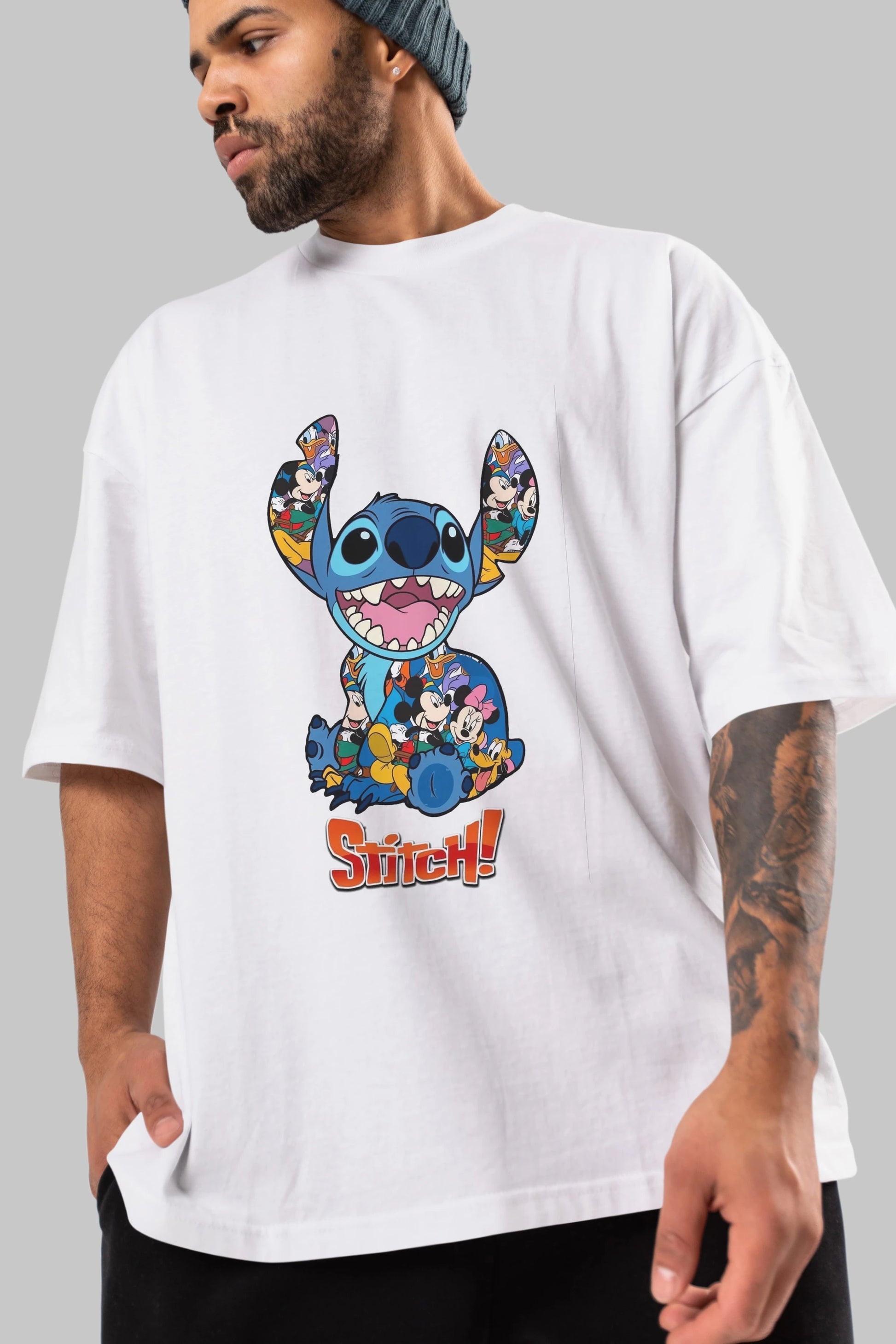 Stitch Ön Baskılı Oversize t-shirt Erkek Kadın Unisex %100 Pamuk Bisiklet Yaka tişort