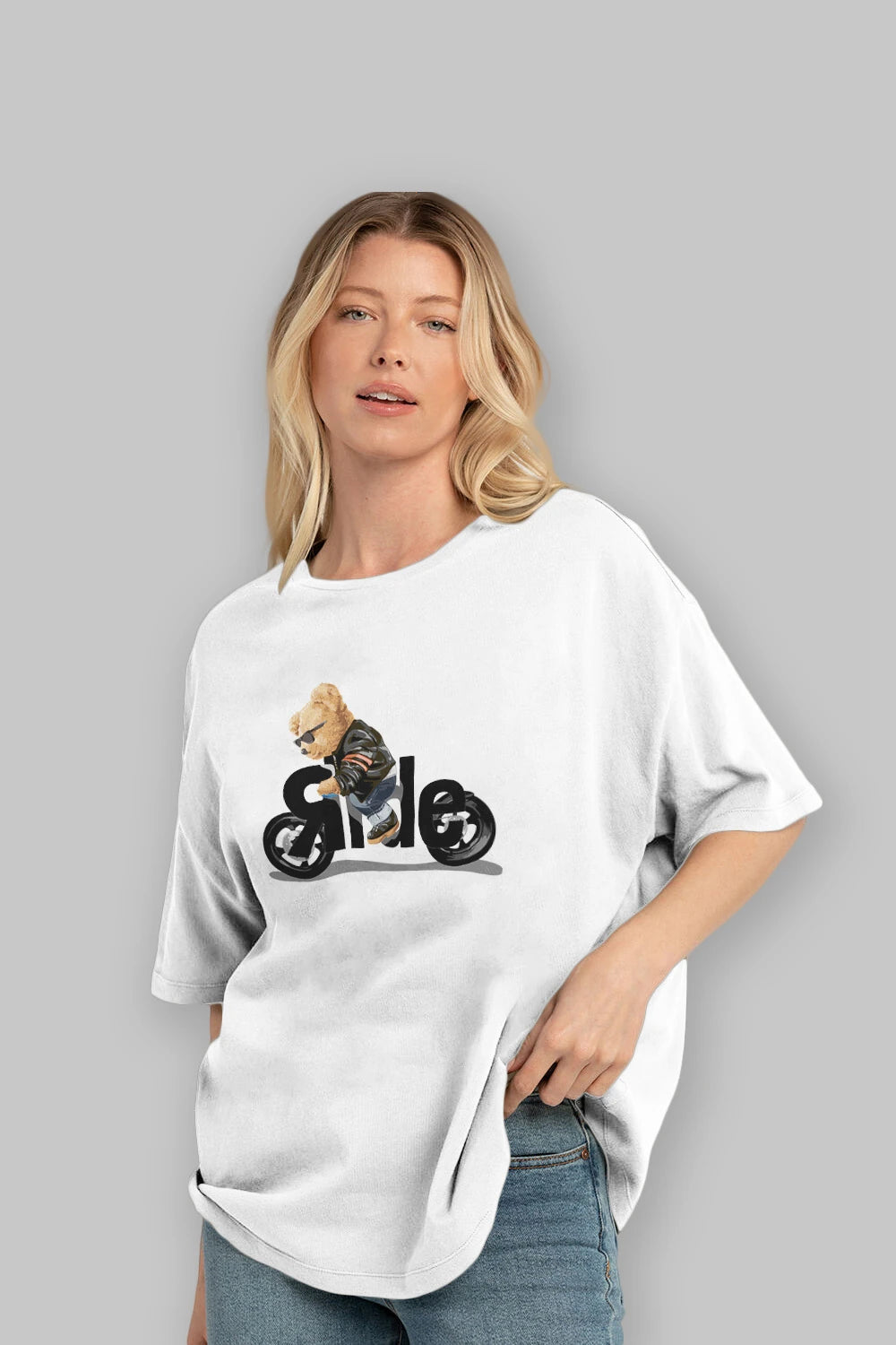 Teddy Bear Ride Ön Baskılı Oversize t-shirt Erkek Kadın Unisex %100 Pamuk