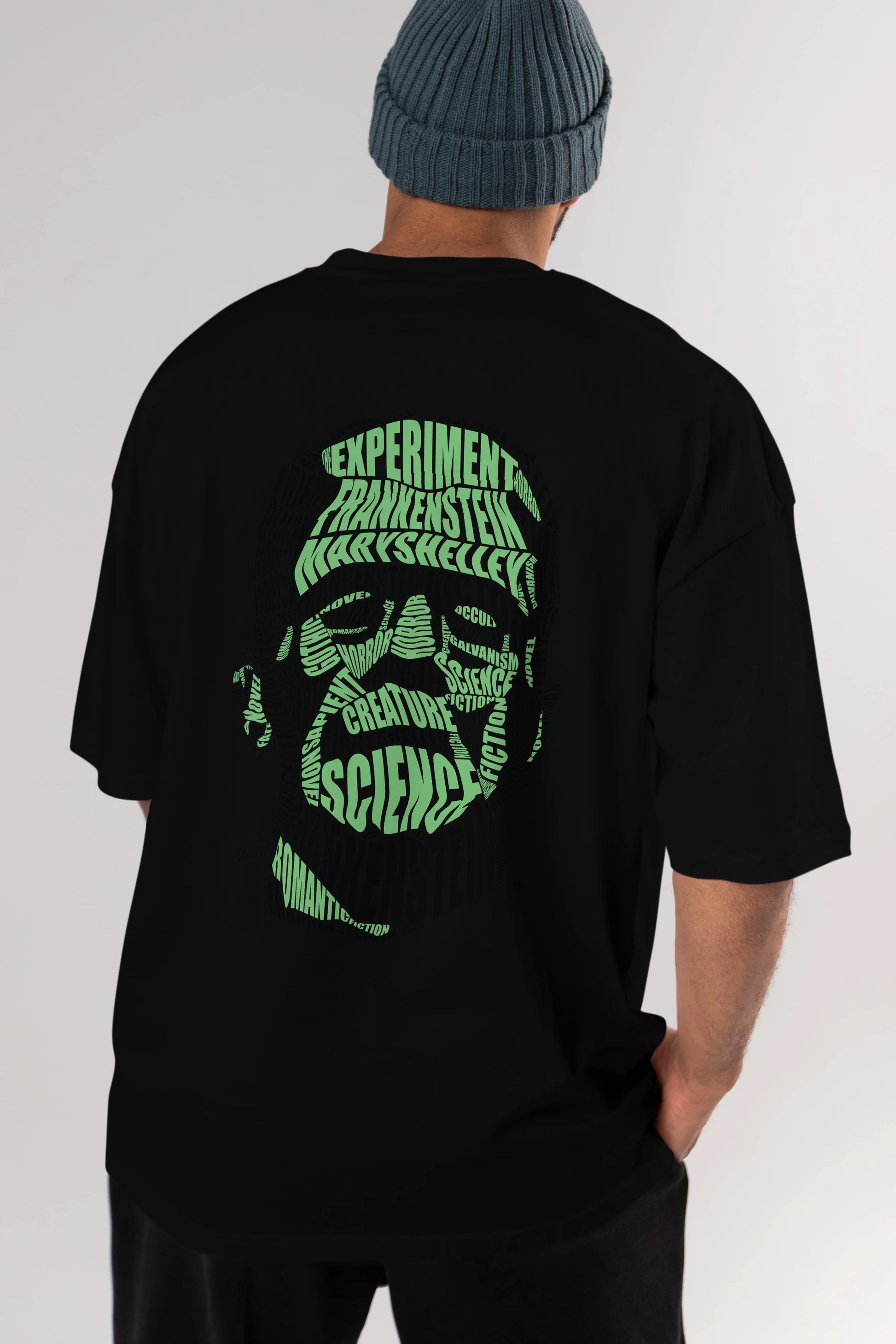 Frankenstein Calligram Arka Baskılı Oversize t-shirt %100 pamuk Erkek Kadın Unisex