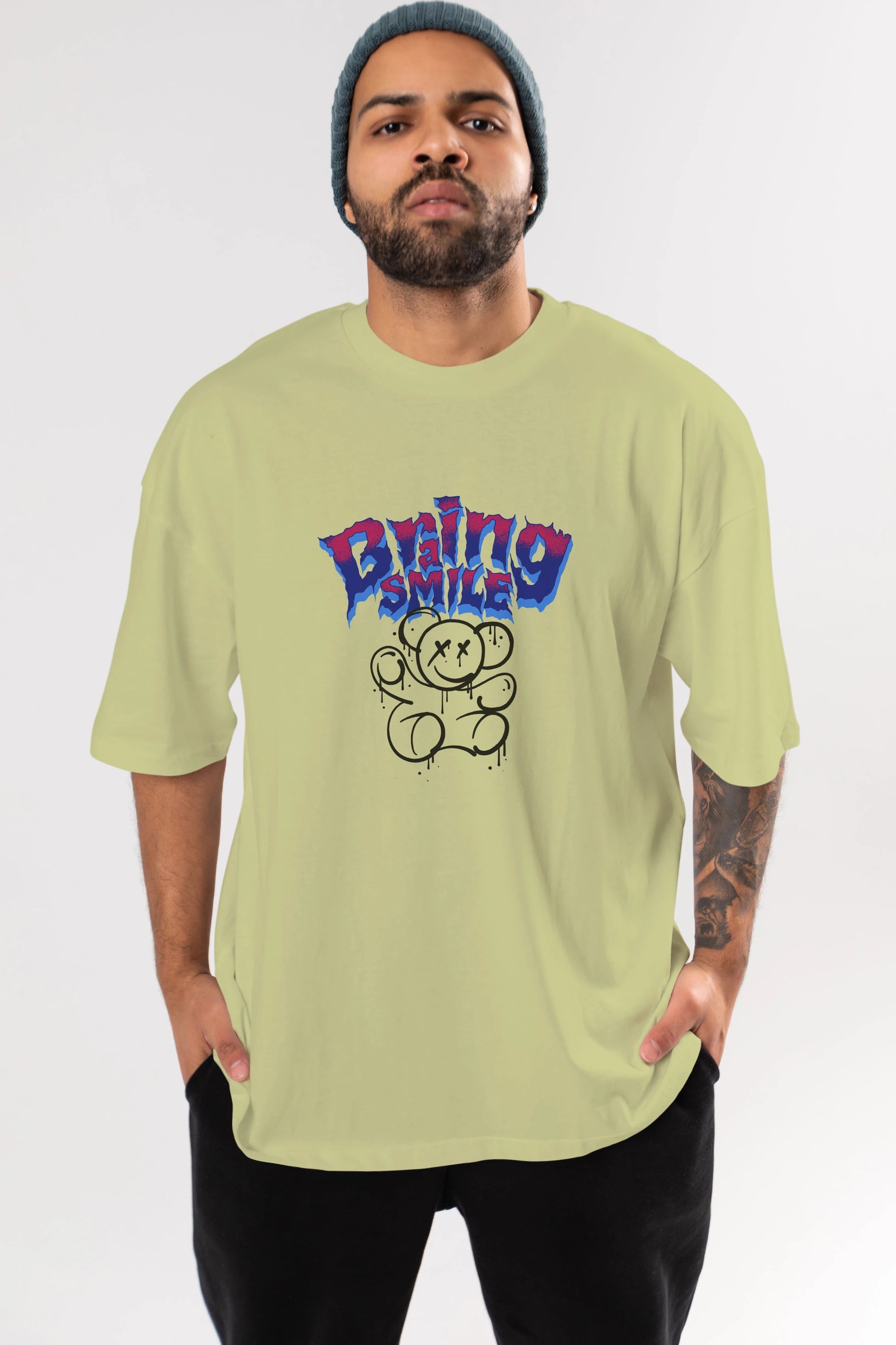 Teddy Bear Braing Smile Ön Baskılı Oversize t-shirt Erkek Kadın Unisex