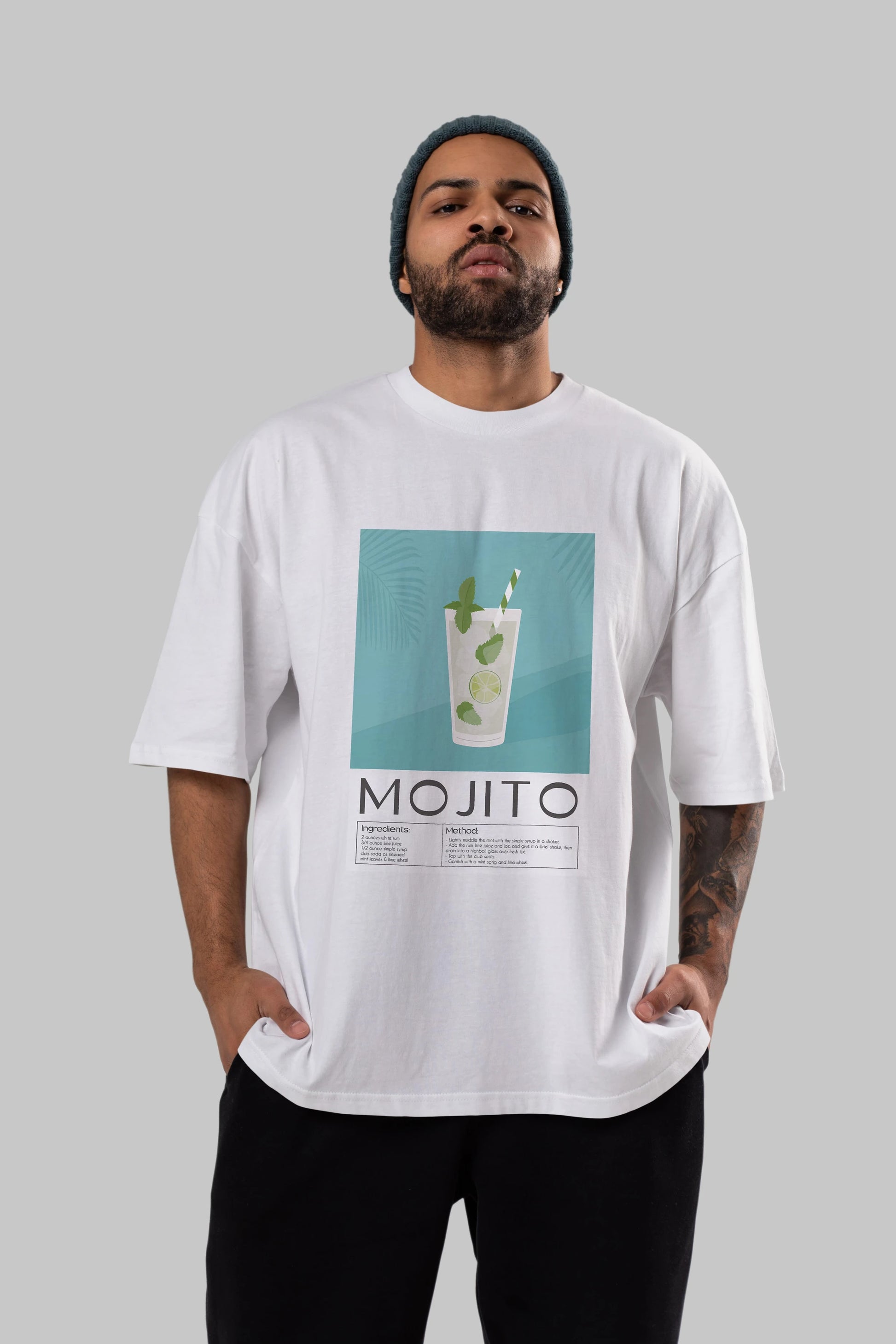 Mojito 4 Ön Baskılı Oversize t-shirt Erkek Kadın Unisex %100 Pamuk Bisiklet Yaka tişort