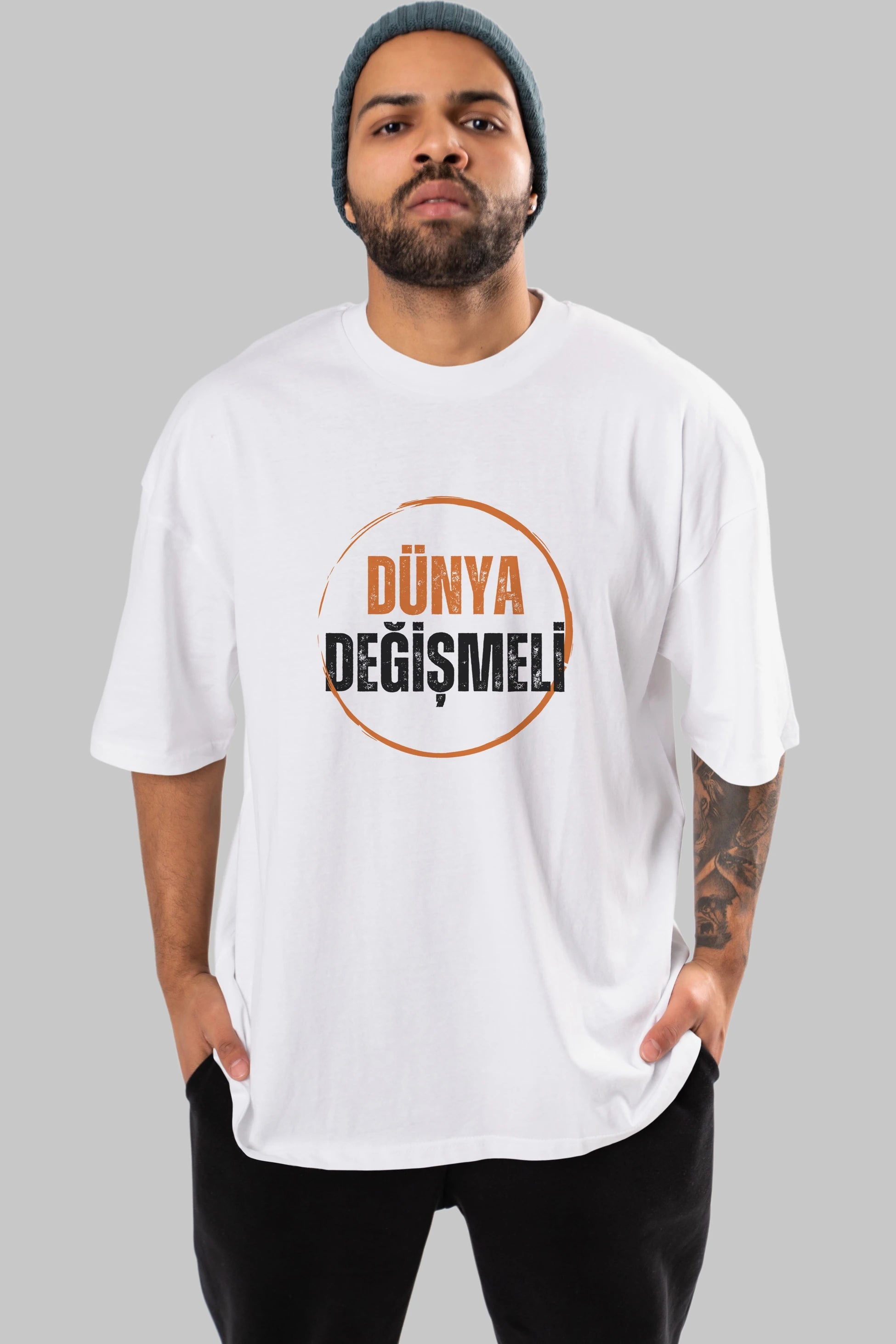 Dünya Değişmeli Yazılı Ön Baskılı Oversize t-shirt Erkek Kadın Unisex