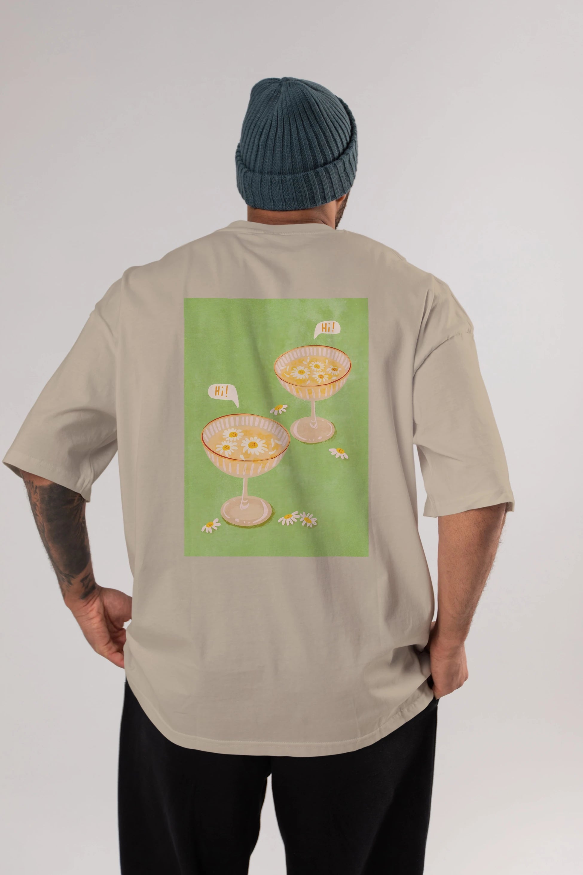 Hi Cheers Arka Baskılı Oversize t-shirt Erkek Kadın Unisex %100 Pamuk Bisiklet Yaka tişort
