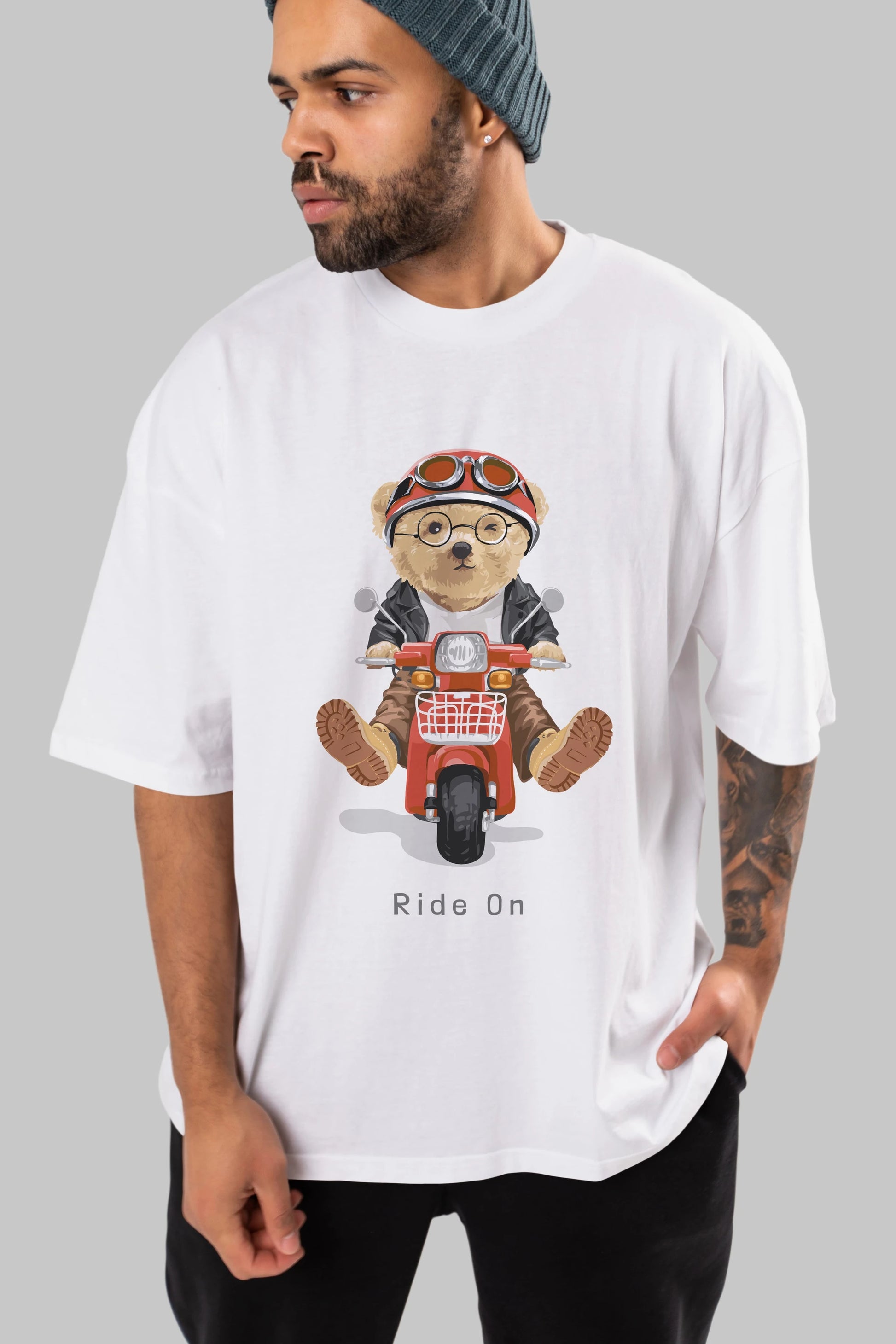 Teddy Bear Ride On Ön Baskılı Oversize t-shirt Erkek Kadın Unisex %100 Pamuk