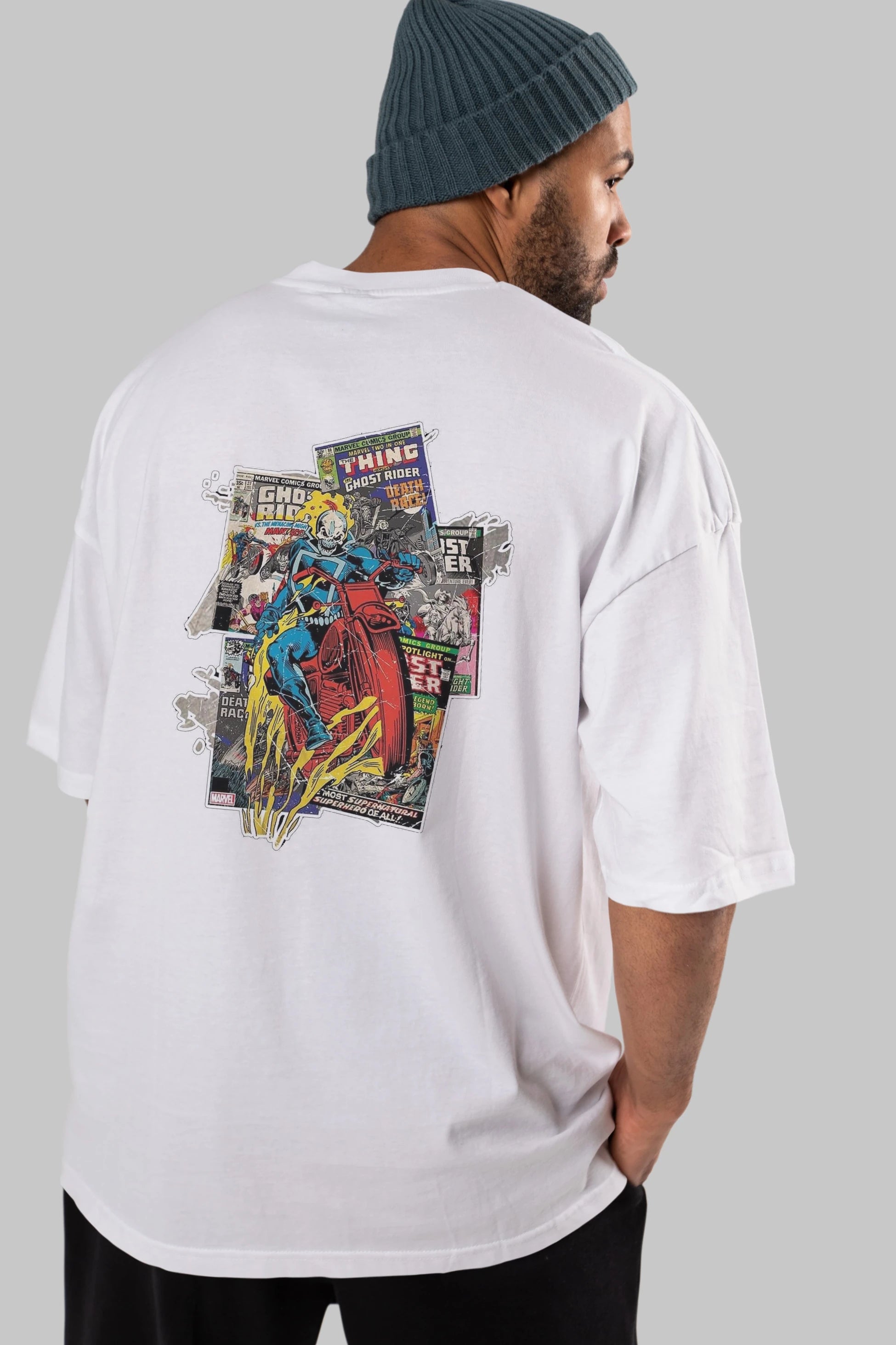 Ghost Rider Arka Baskılı Oversize t-shirt Erkek Kadın Unisex %100 Pamuk Bisiklet Yaka tişort
