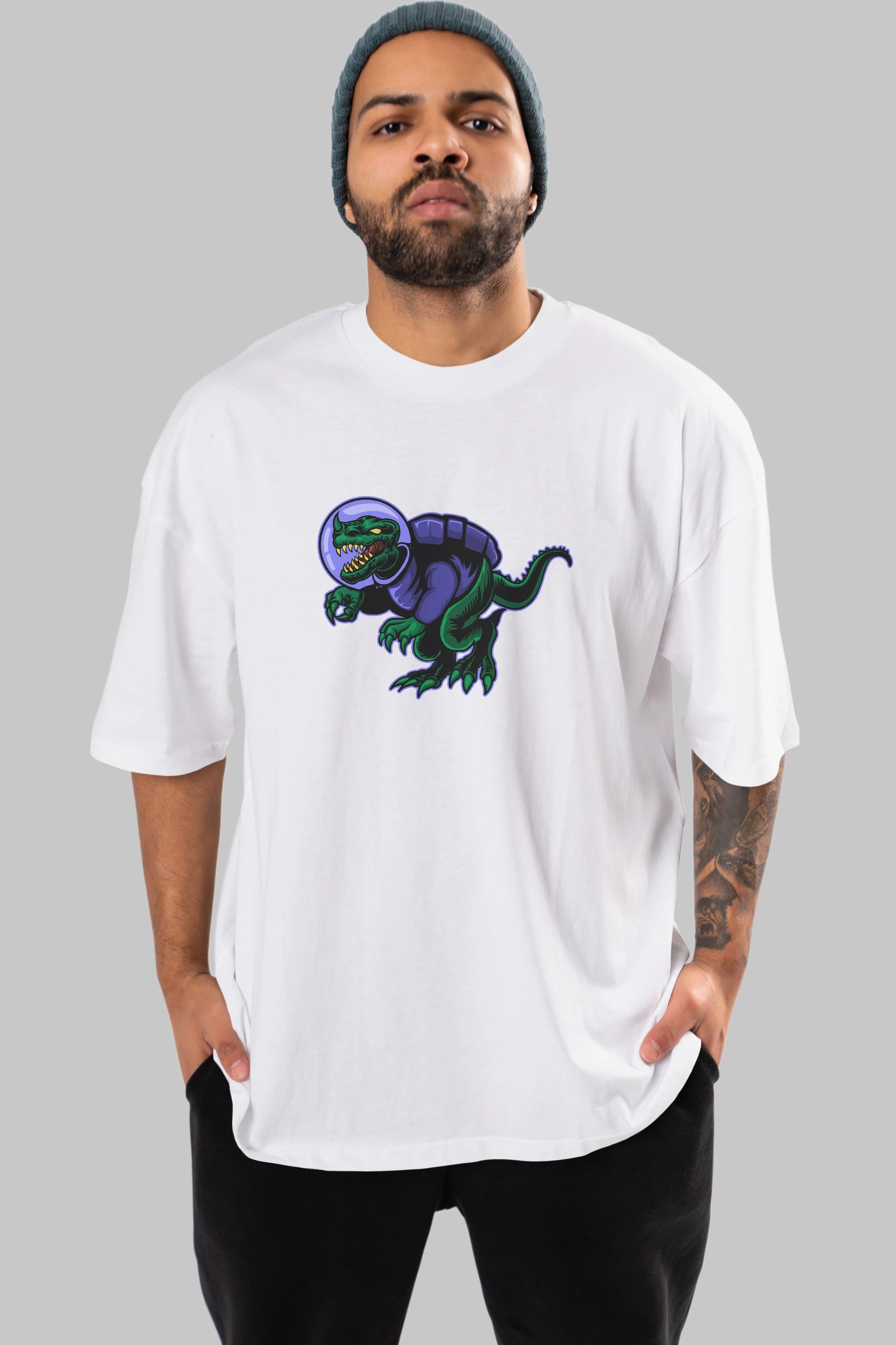 Space Dino Ön Baskılı Oversize t-shirt Erkek Kadın Unisex
