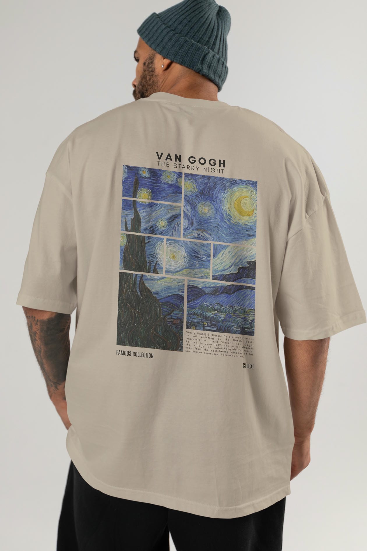 Van Gogh The Starry Night Arka Baskılı Oversize t-shirt Erkek Kadın Bisiklet Yaka Pamuk tişort