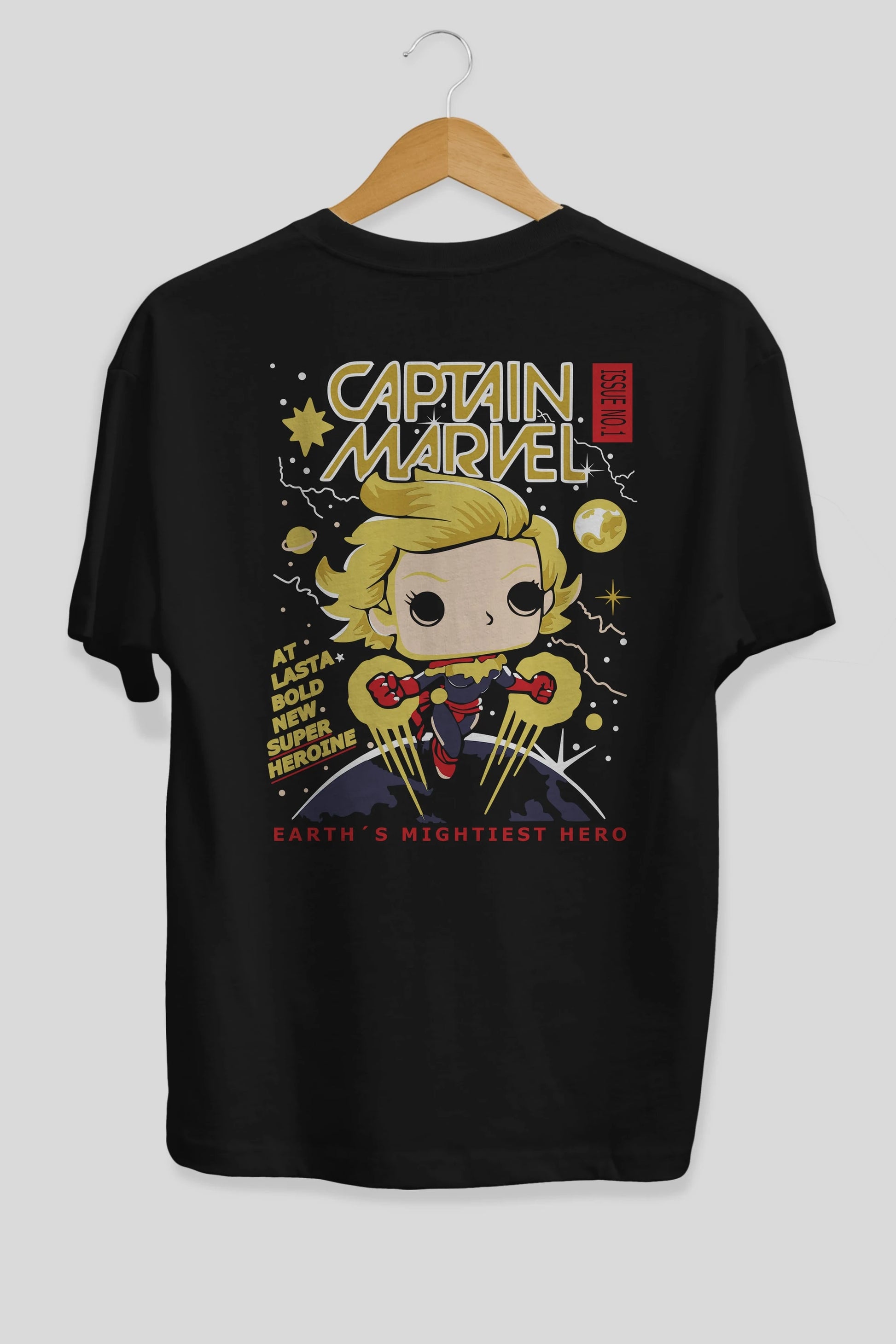 Captain Marvel Arka Baskılı Oversize t-shirt Erkek Kadın Unisex %100 Pamuk Bisiklet Yaka tişort