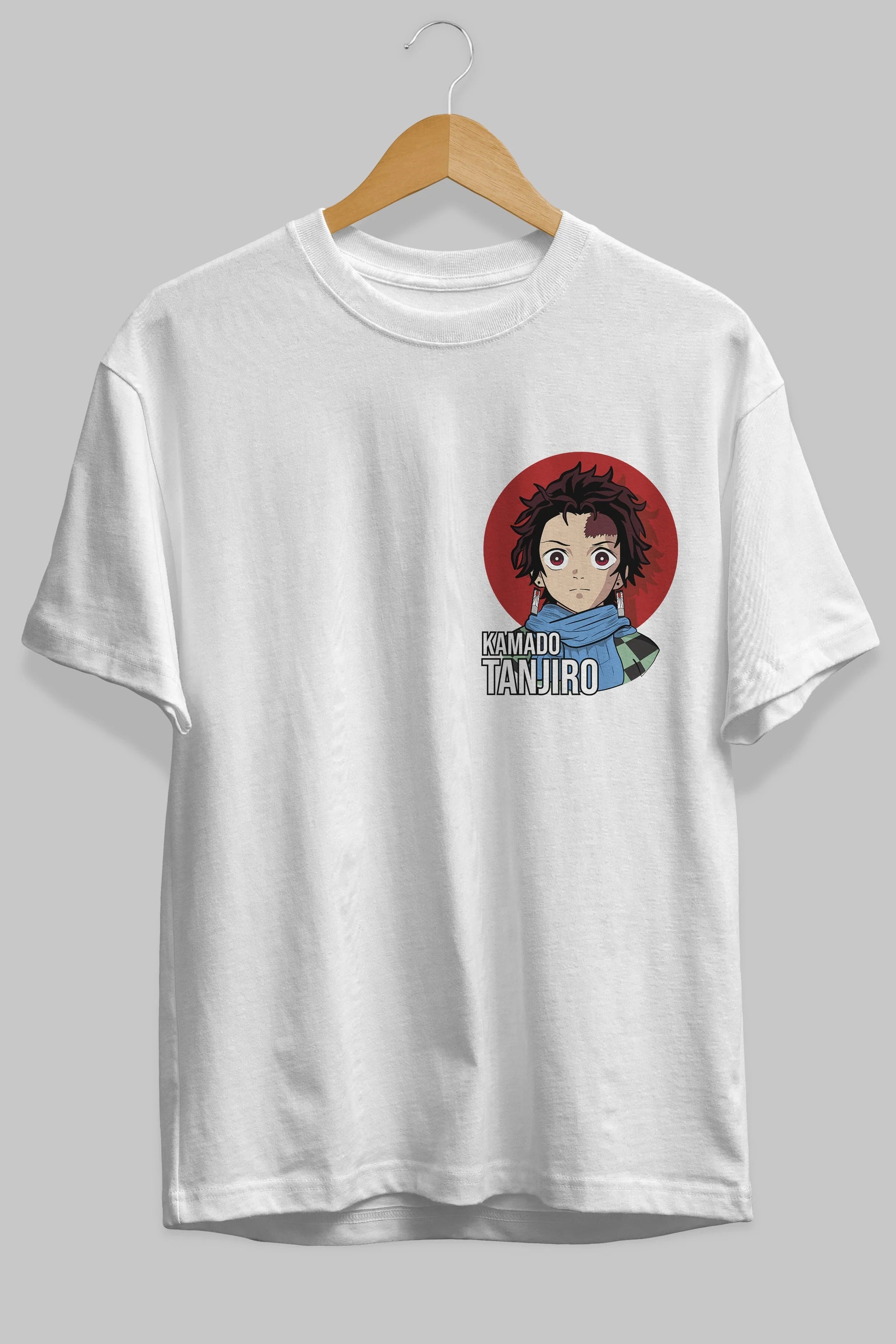 TANJIRO KAMADO Ön Sol Baskılı Oversize t-shirt Erkek Kadın Unisex %100 Pamuk Bisiklet Yaka tişort