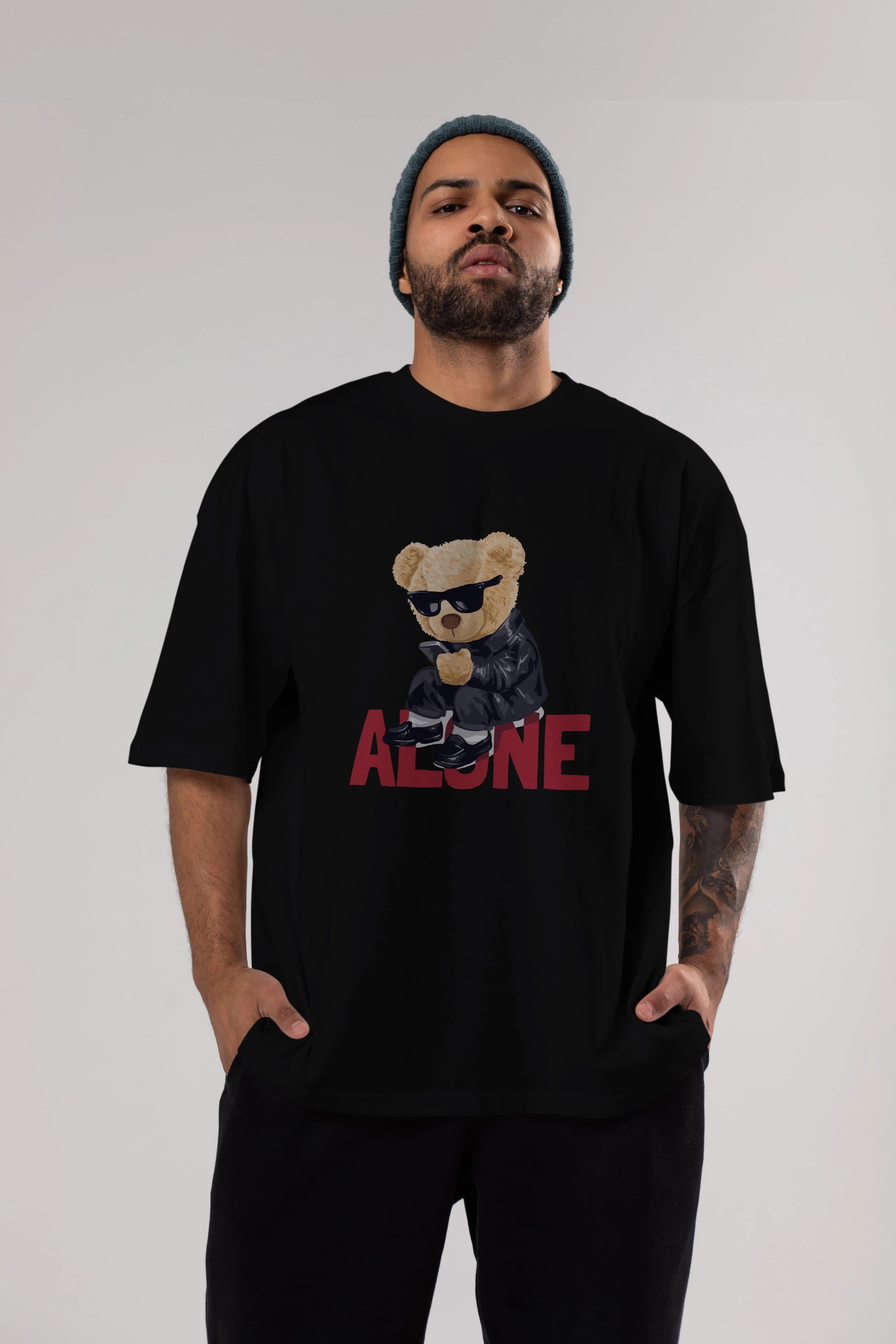 Teddy Bear Alone Ön Baskılı Oversize t-shirt Erkek Kadın Unisex %100 Pamuk
