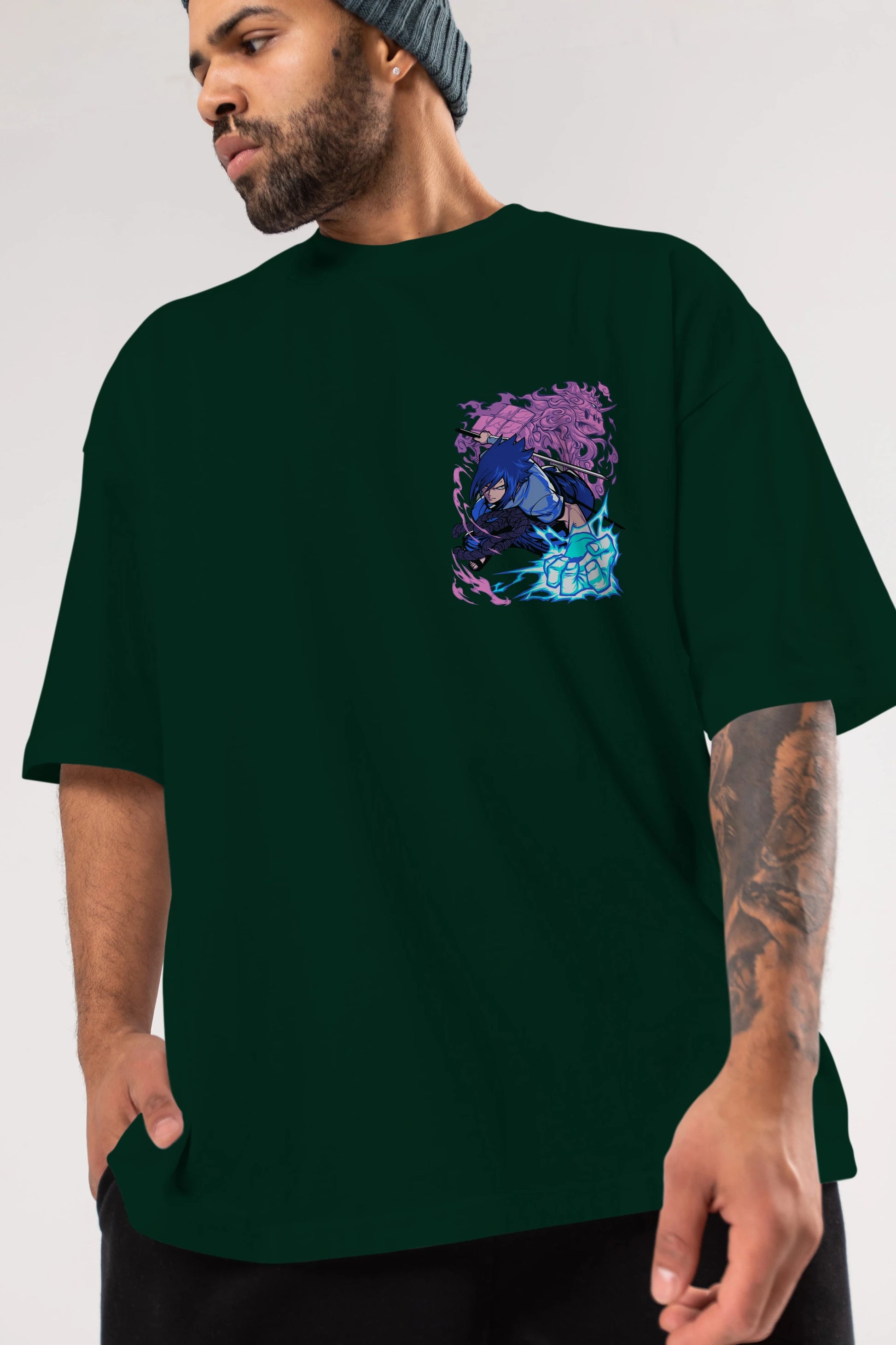NARUTO SASUKE UCHIHA 2 Ön Sol Baskılı Oversize t-shirt Erkek Kadın Unisex %100 Pamuk Bisiklet Yaka tişort