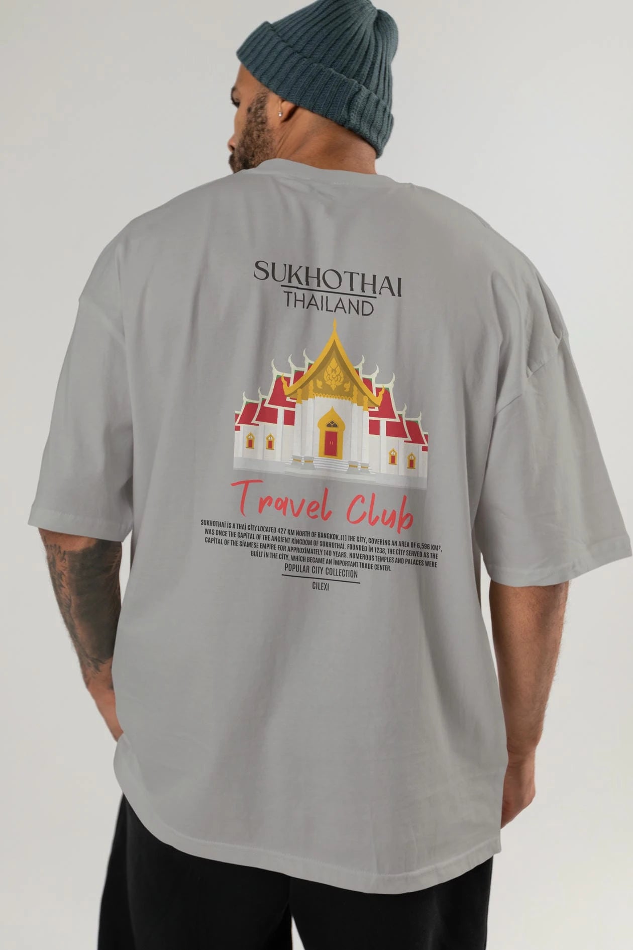 Sukhothai Thailand Arka Baskılı Oversize t-shirt Erkek Kadın Pamuk Bisiklet Yaka tişort