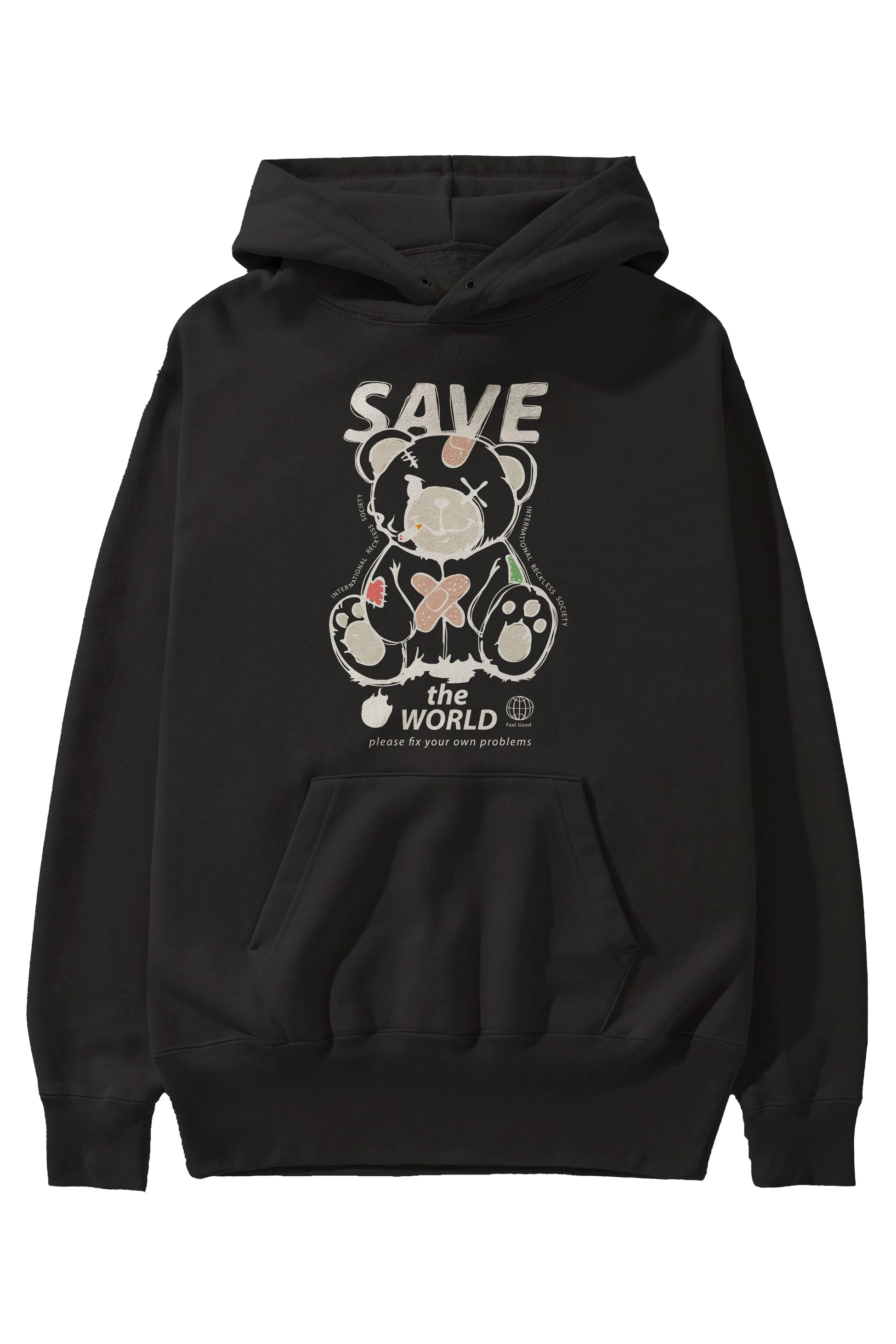 Save the World Bear Ön Baskılı Hoodie Oversize Kapüşonlu Sweatshirt Erkek Kadın Unisex