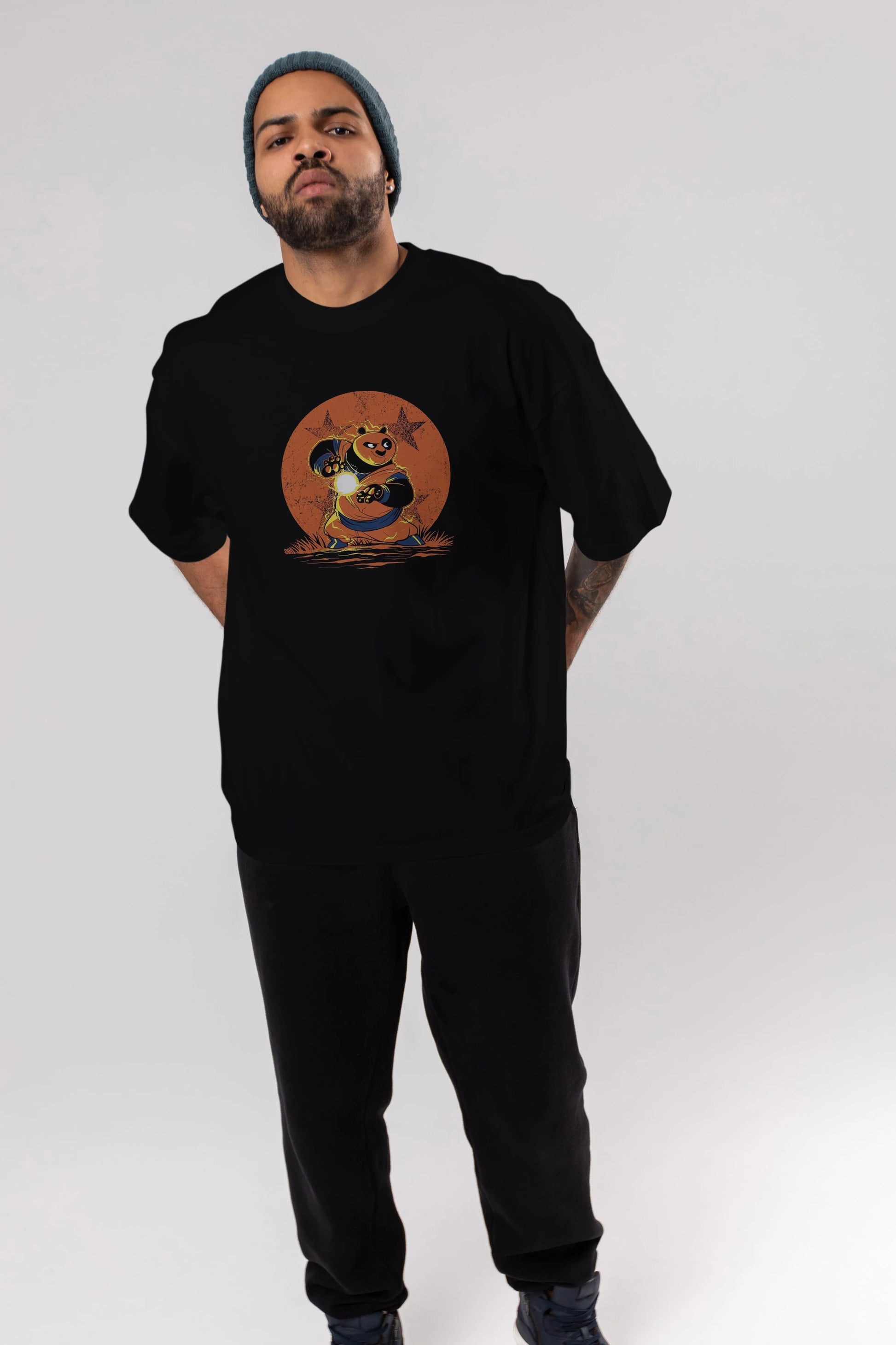 Kung Fu Panda Ön Baskılı Oversize t-shirt Erkek Kadın Unisex %100 Pamuk Bisiklet Yaka tişort