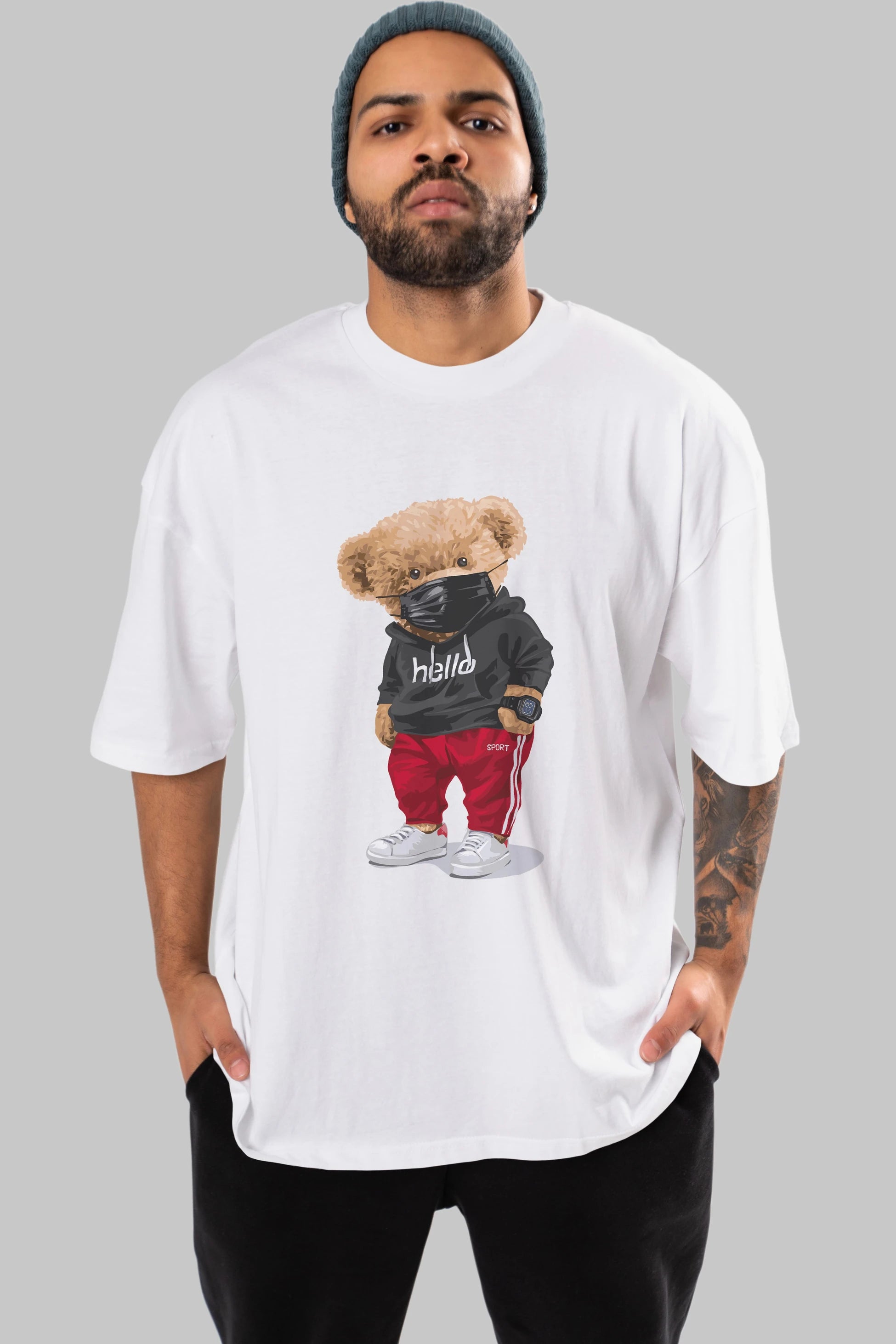 Teddy Bear Hello Sport Ön Baskılı Oversize t-shirt Erkek Kadın Unisex %100 Pamuk