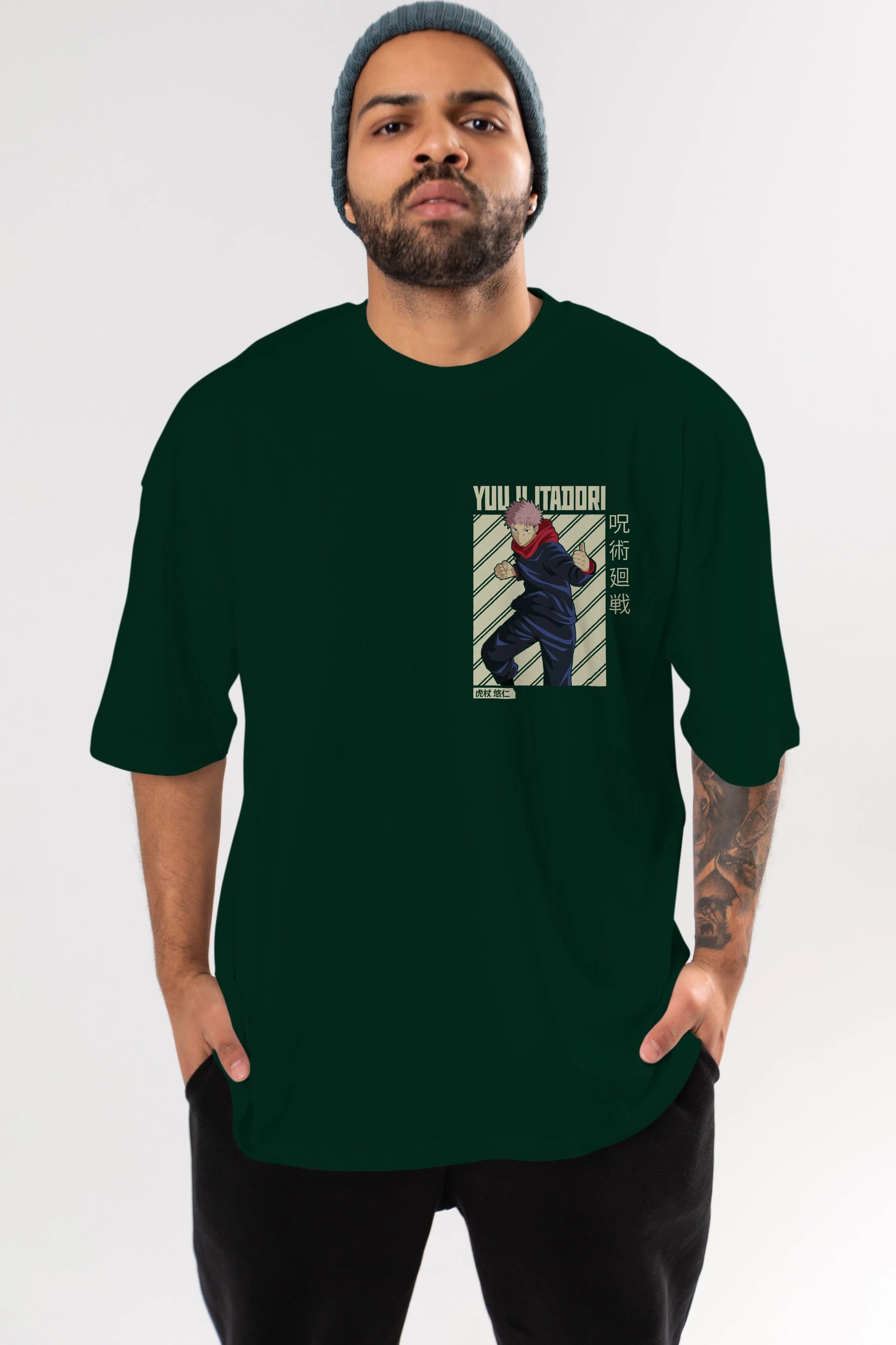 Yuuji Itadori 1 Ön Sol Baskılı Oversize t-shirt Erkek Kadın Unisex %100 Pamuk Bisiklet Yaka tişort