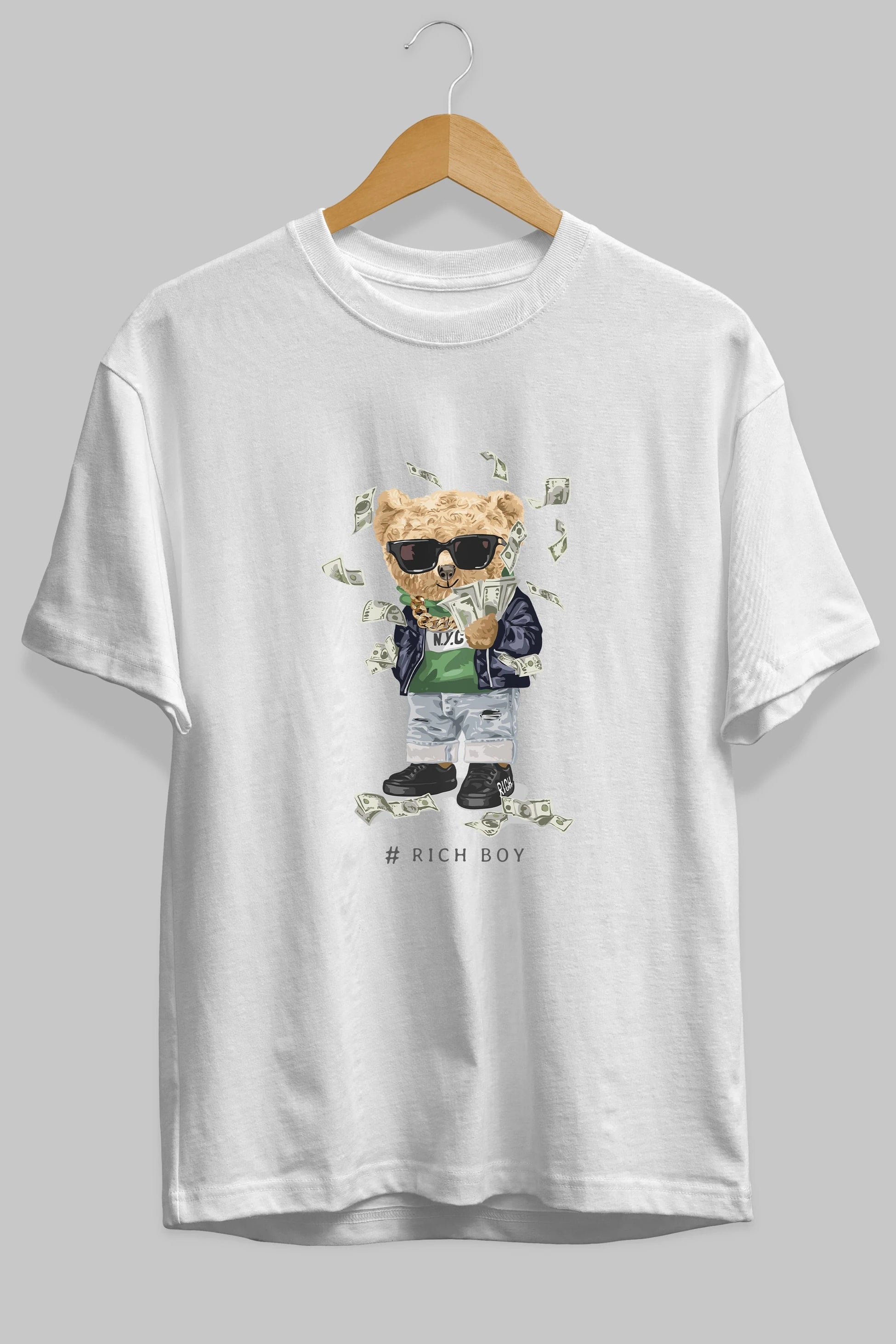 Teddy Bear Rich Boy Ön Baskılı Oversize t-shirt Erkek Kadın Unisex %100 Pamuk