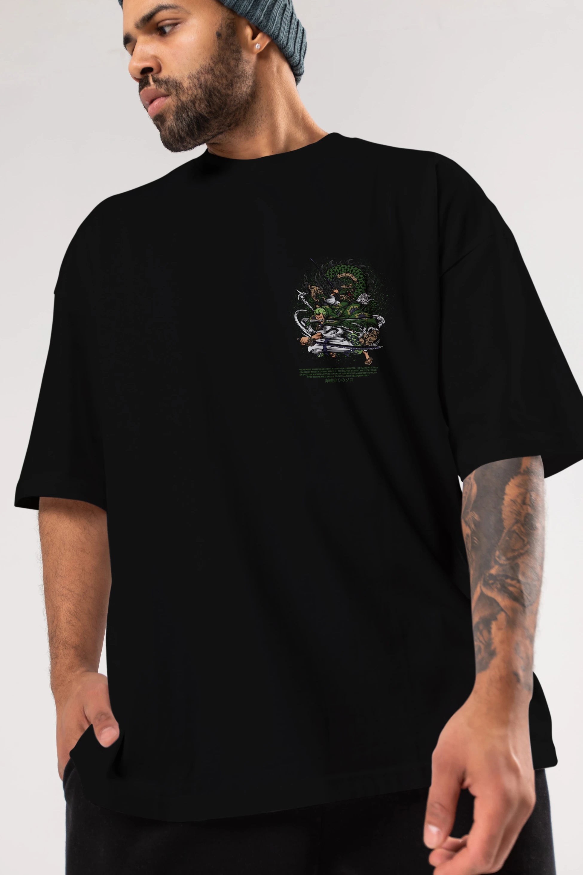Zoro Ön Sol Baskılı Oversize t-shirt Erkek Kadın Unisex %100 Pamuk Bisiklet Yaka tişort