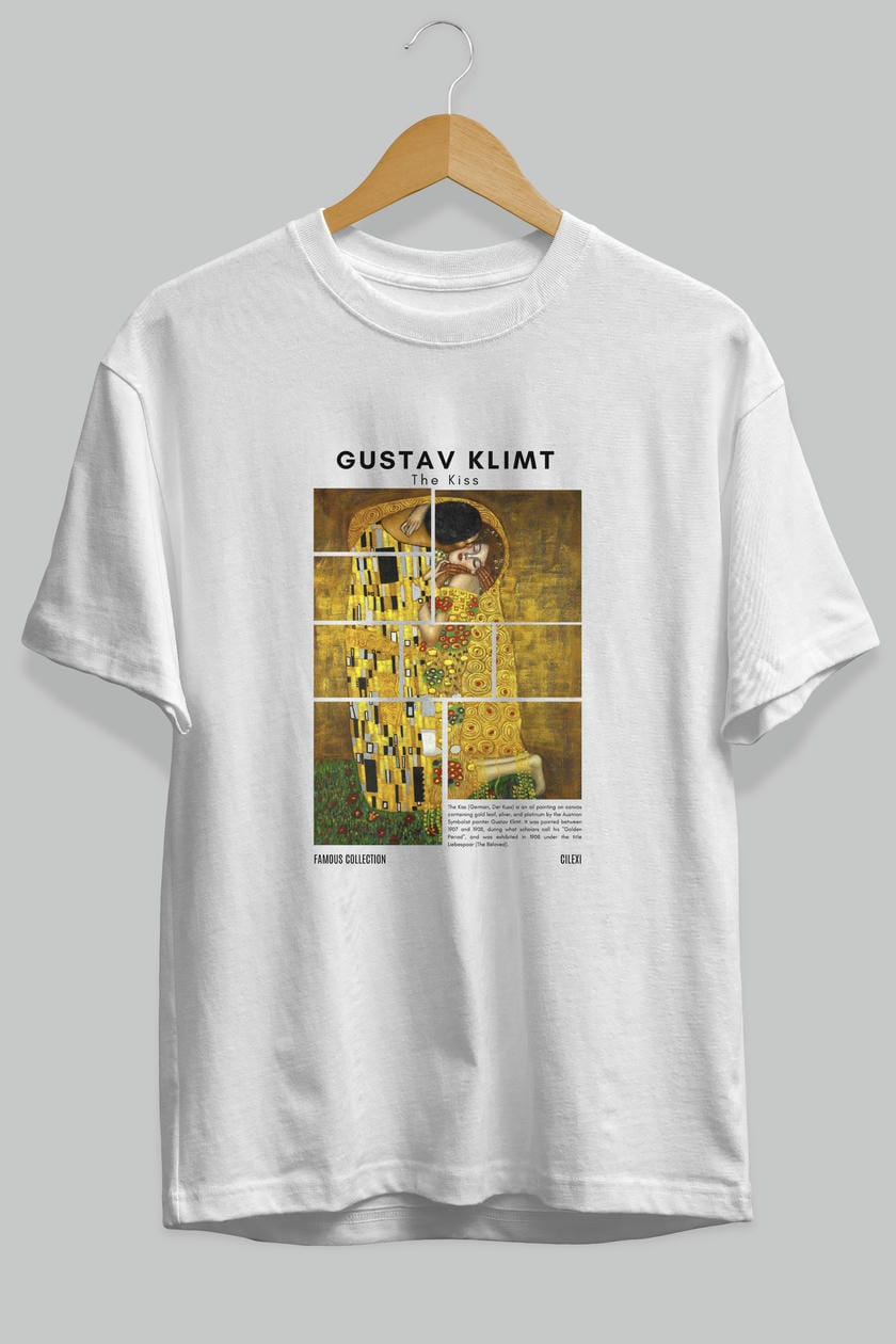 Gustav Klimt The Kiss ön Baskılı Oversize t-shirt Erkek Kadın Bisiklet Yaka Pamuk tişort