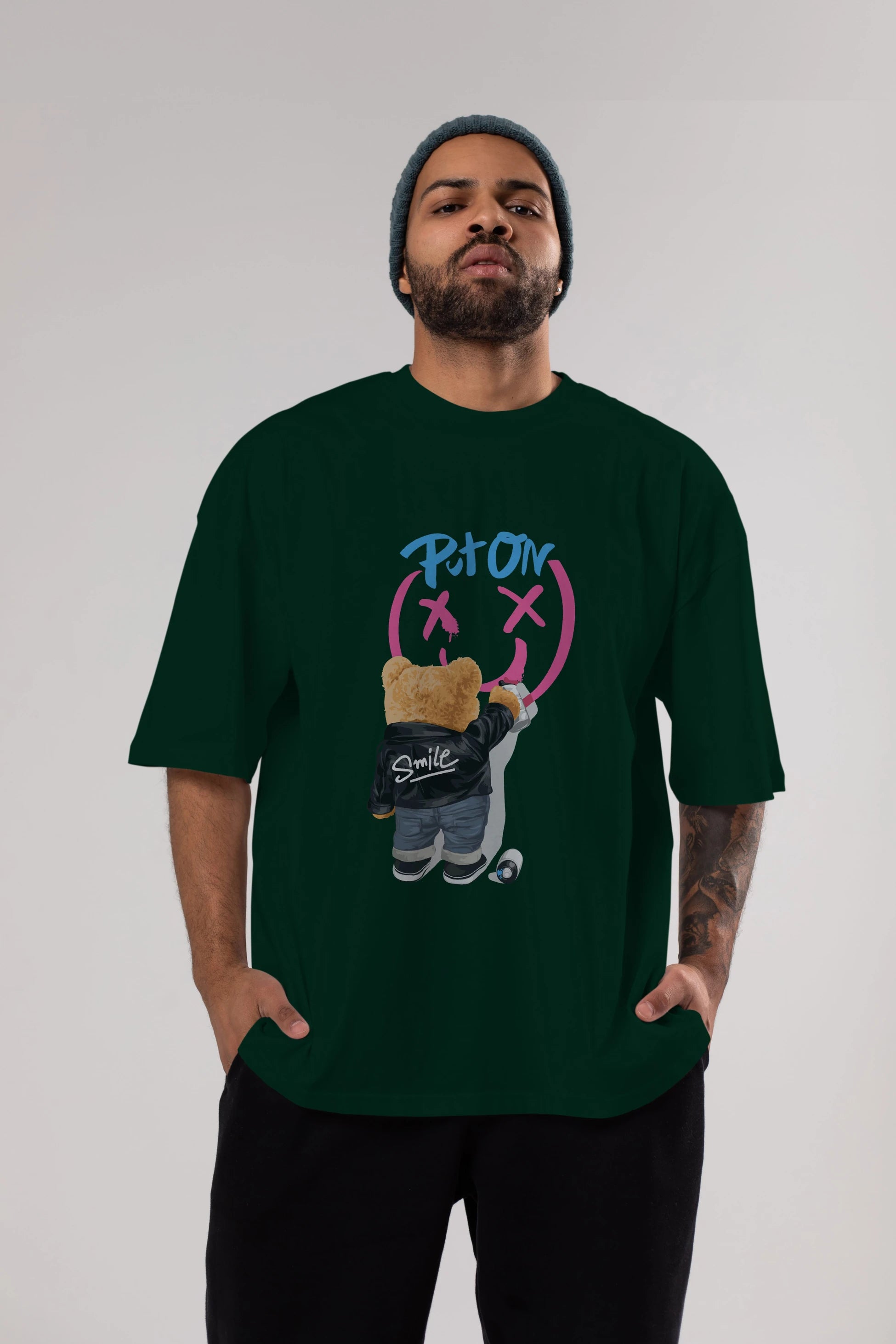 Put on Smile Bear Ön Baskılı Oversize t-shirt Erkek Kadın Unisex