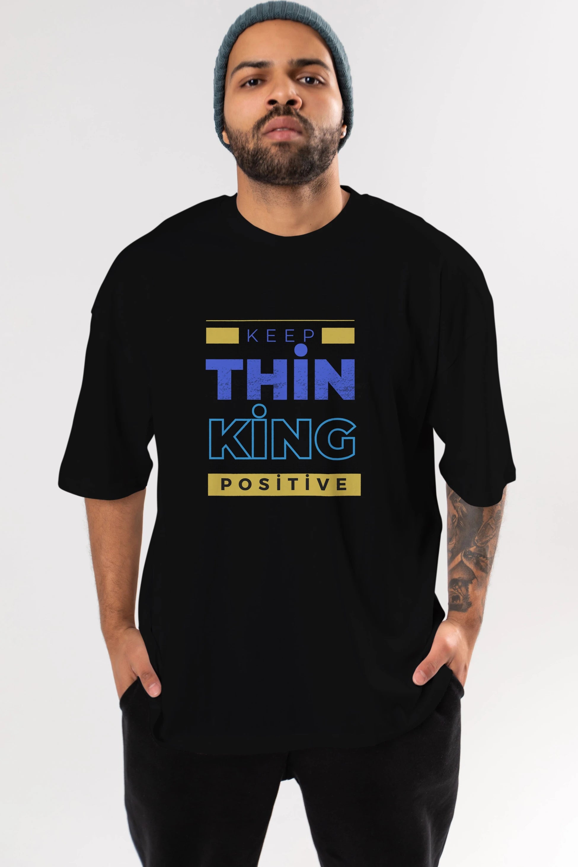 Keep Thinking Positive Yazılı Ön Baskılı Oversize t-shirt Erkek Kadın Unisex