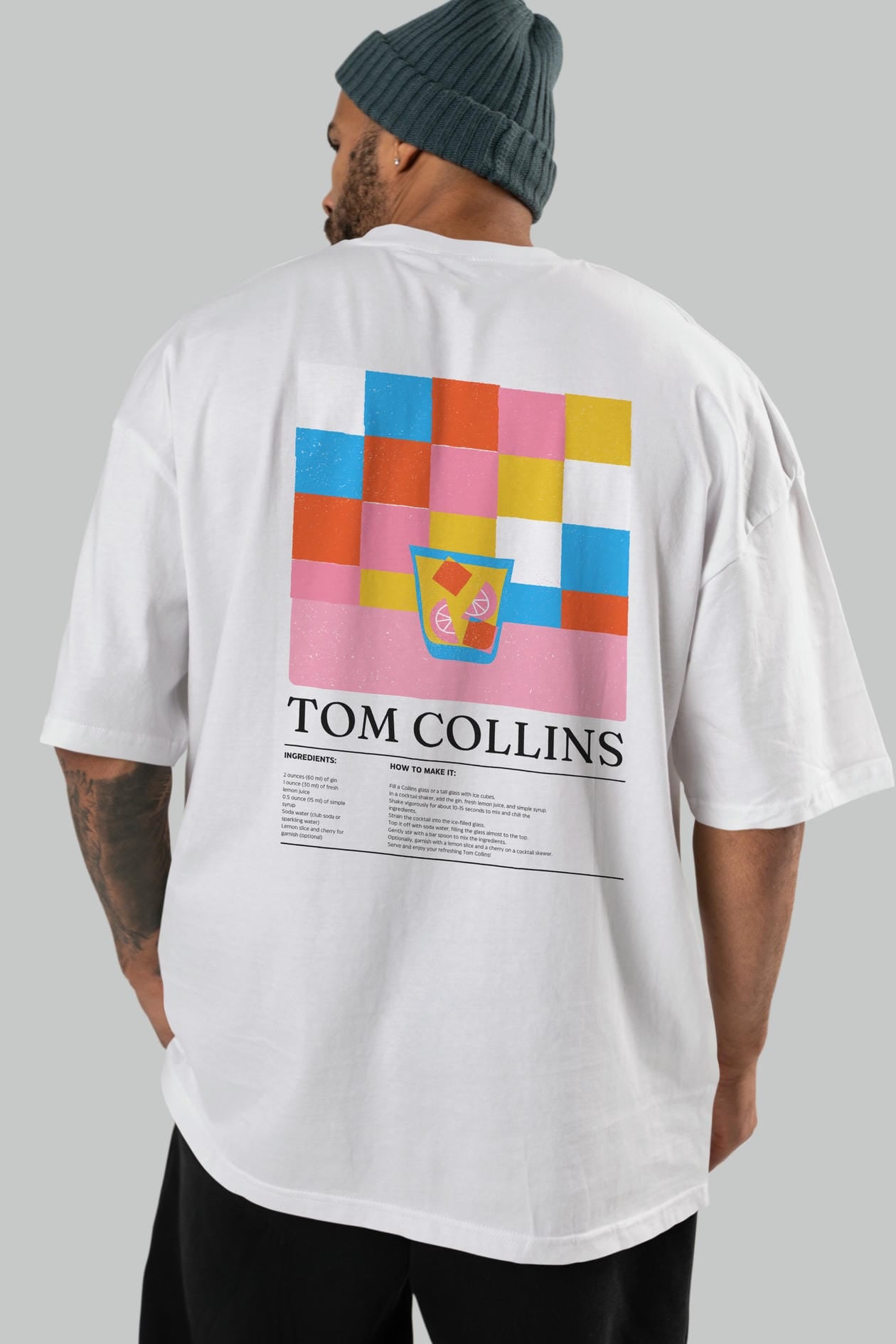 Tom Collins Kokteyl Serisi Arka Baskılı Oversize t-shirt Erkek Kadın %100 Pamuk Bisiklet Yaka tişort