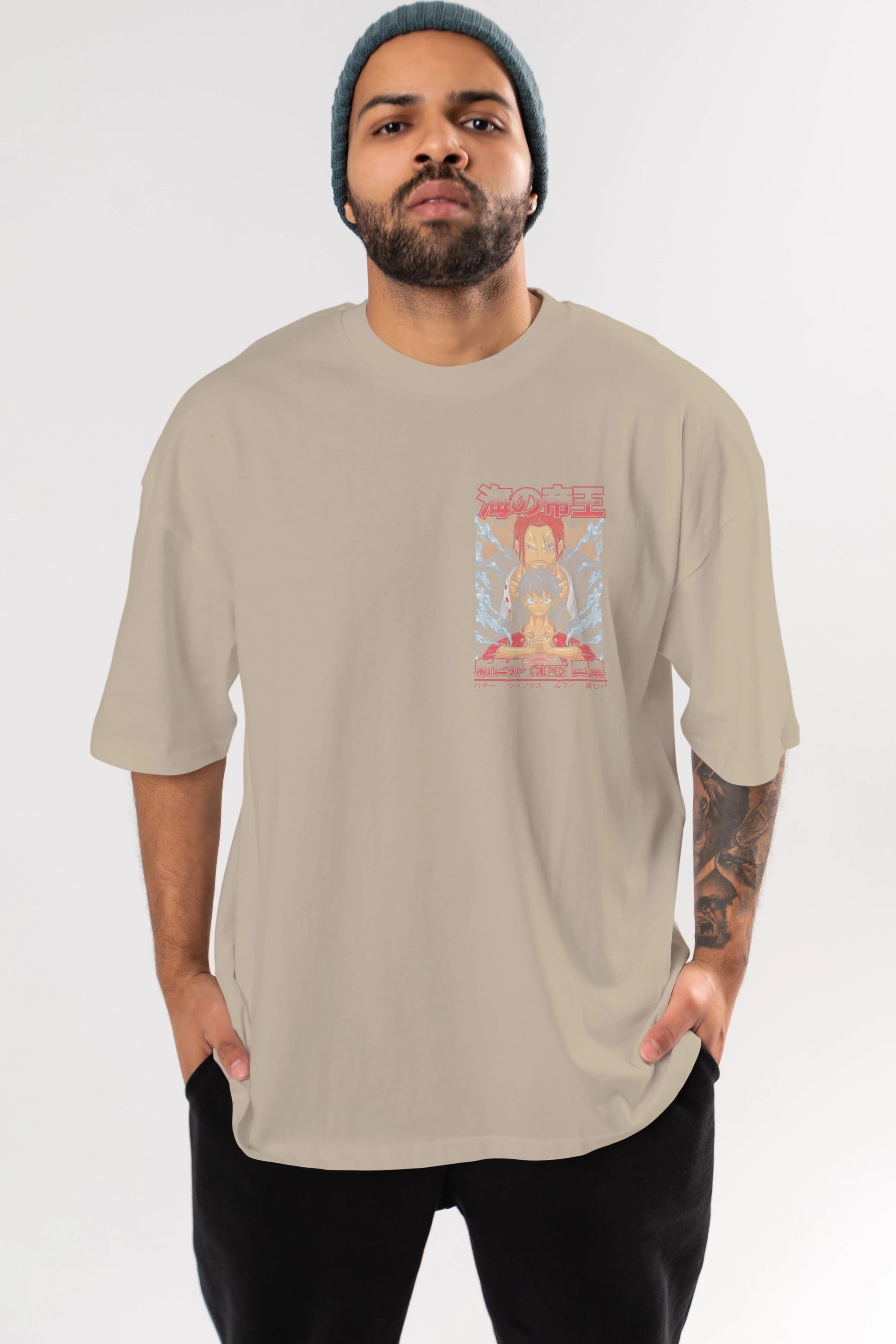 MONKEY D. LUFF and SHANKS Ön Sol Baskılı Oversize t-shirt Erkek Kadın Unisex %100 Pamuk Bisiklet Yaka tişort