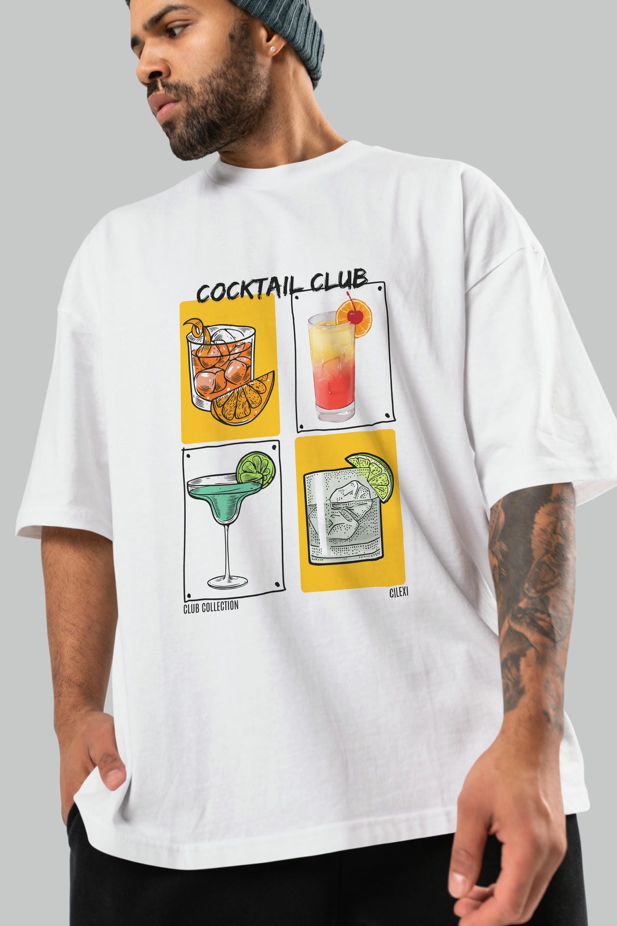 Cocktail Club ön Baskılı Oversize t-shirt Erkek Kadın %100 Pamuk Bisiklet Yaka tişort