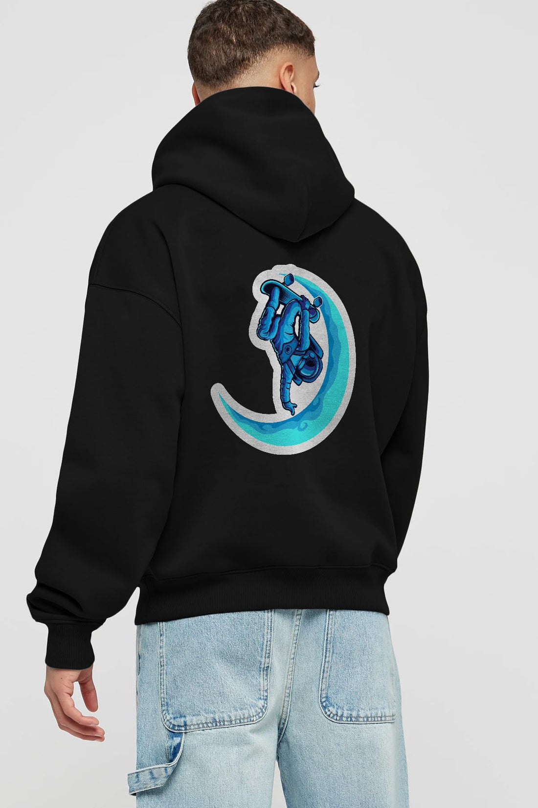 Skating on the moon sticker Arka Baskılı Hoodie Oversize Kapüşonlu Sweatshirt Erkek Kadın Unisex