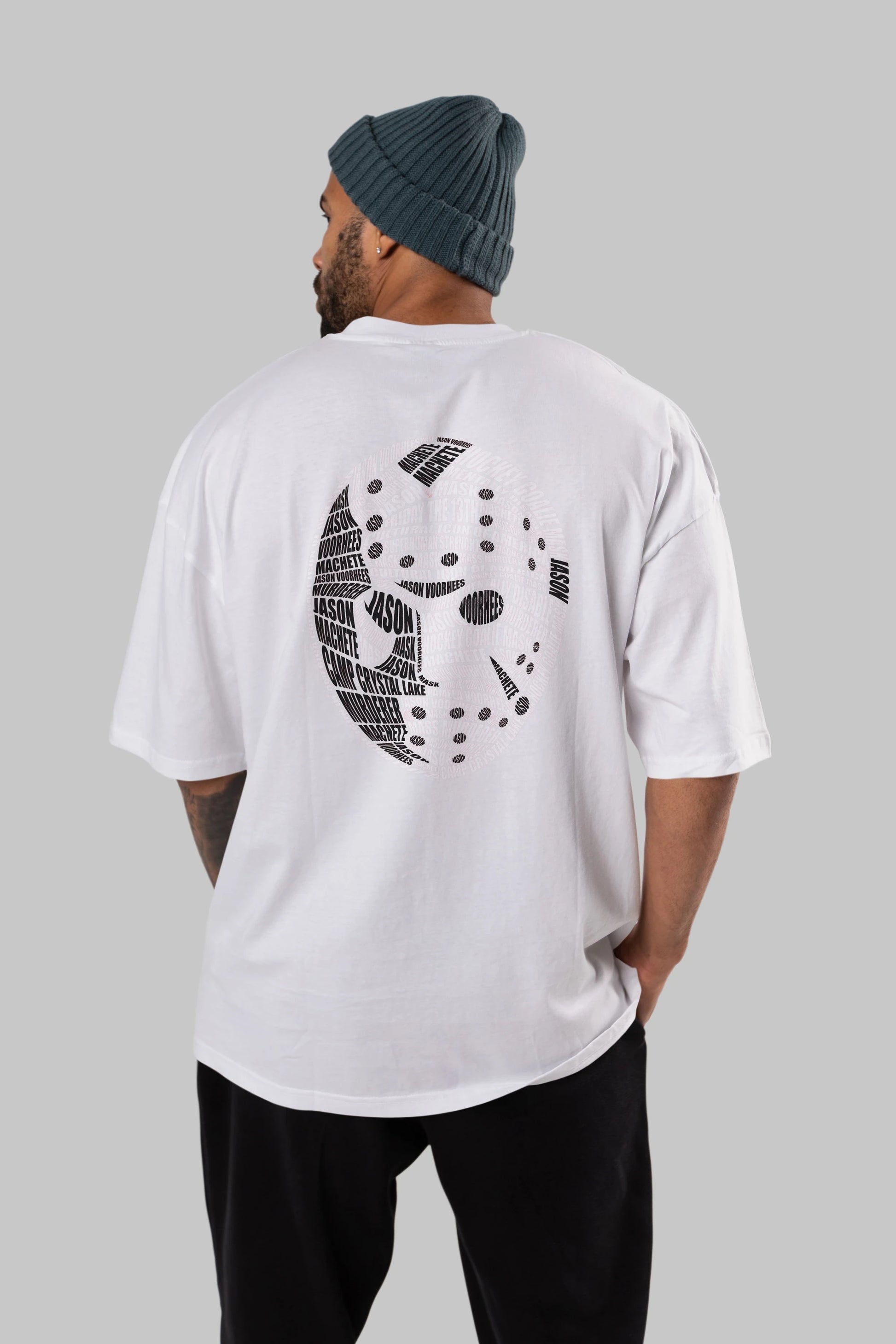 Jason Voorhees Calligram Arka Baskılı Oversize t-shirt %100 pamuk Erkek Kadın Unisex