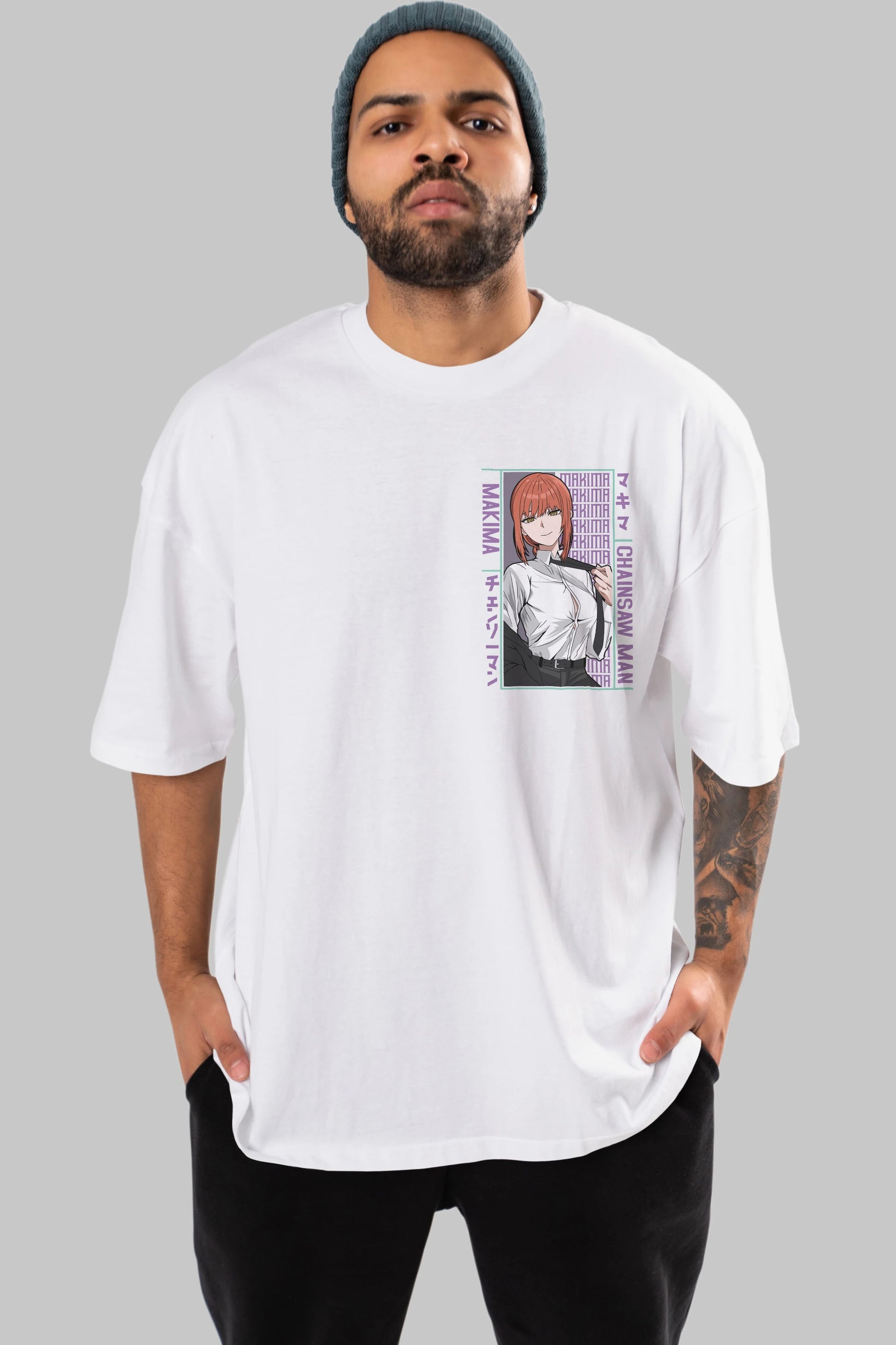 Makima Chain Saw Man Ön Sol Baskılı Oversize t-shirt Erkek Kadın Unisex %100 Pamuk Bisiklet Yaka tişort