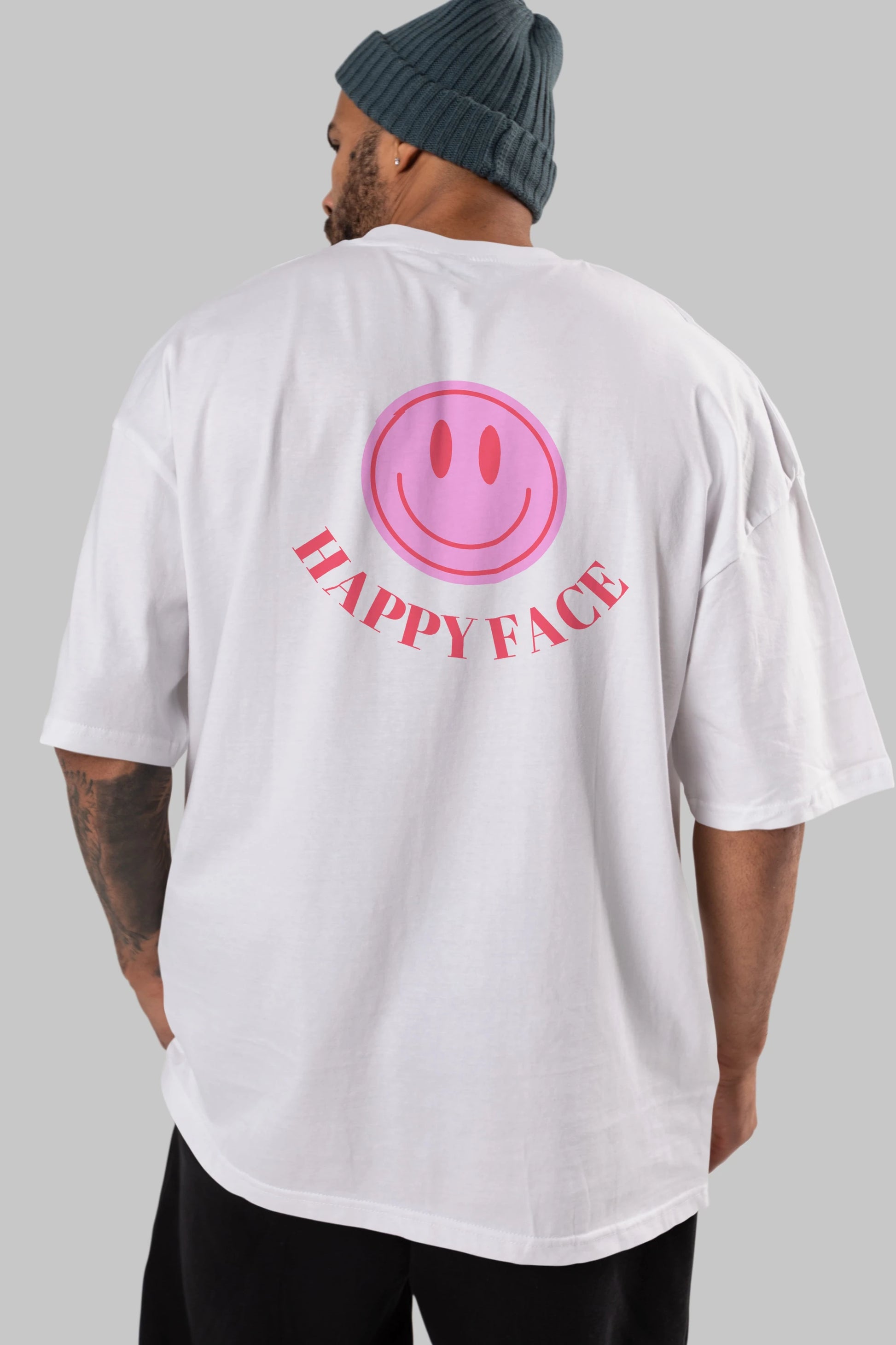 Happy Face Yazılı Arka Baskılı Oversize t-shirt Erkek Kadın Unisex