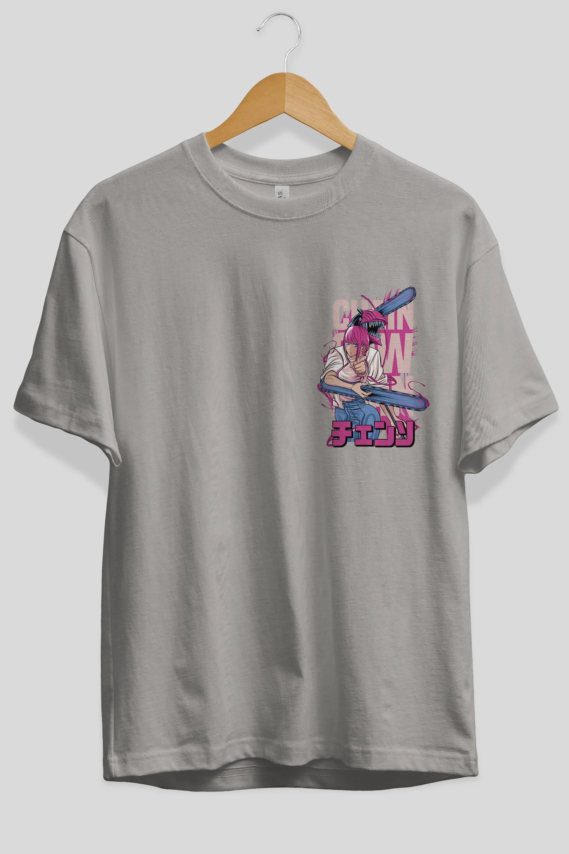 DENJI and MAKIMA Ön Sol Baskılı Oversize t-shirt Erkek Kadın Unisex %100 Pamuk Bisiklet Yaka tişort