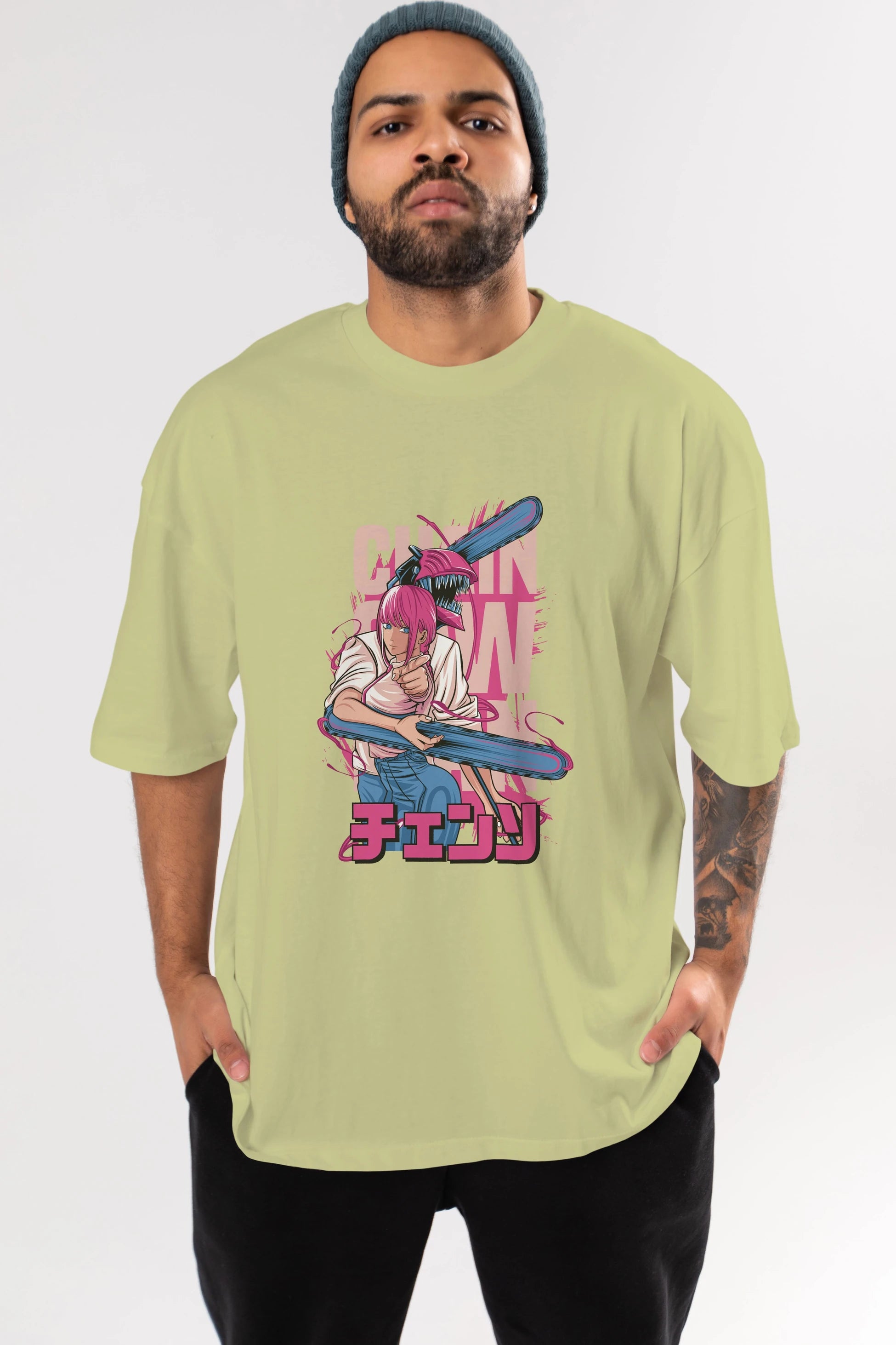 DENJI and MAKIMA Anime Ön Baskılı Oversize t-shirt %100 pamuk Erkek Kadın Unisex