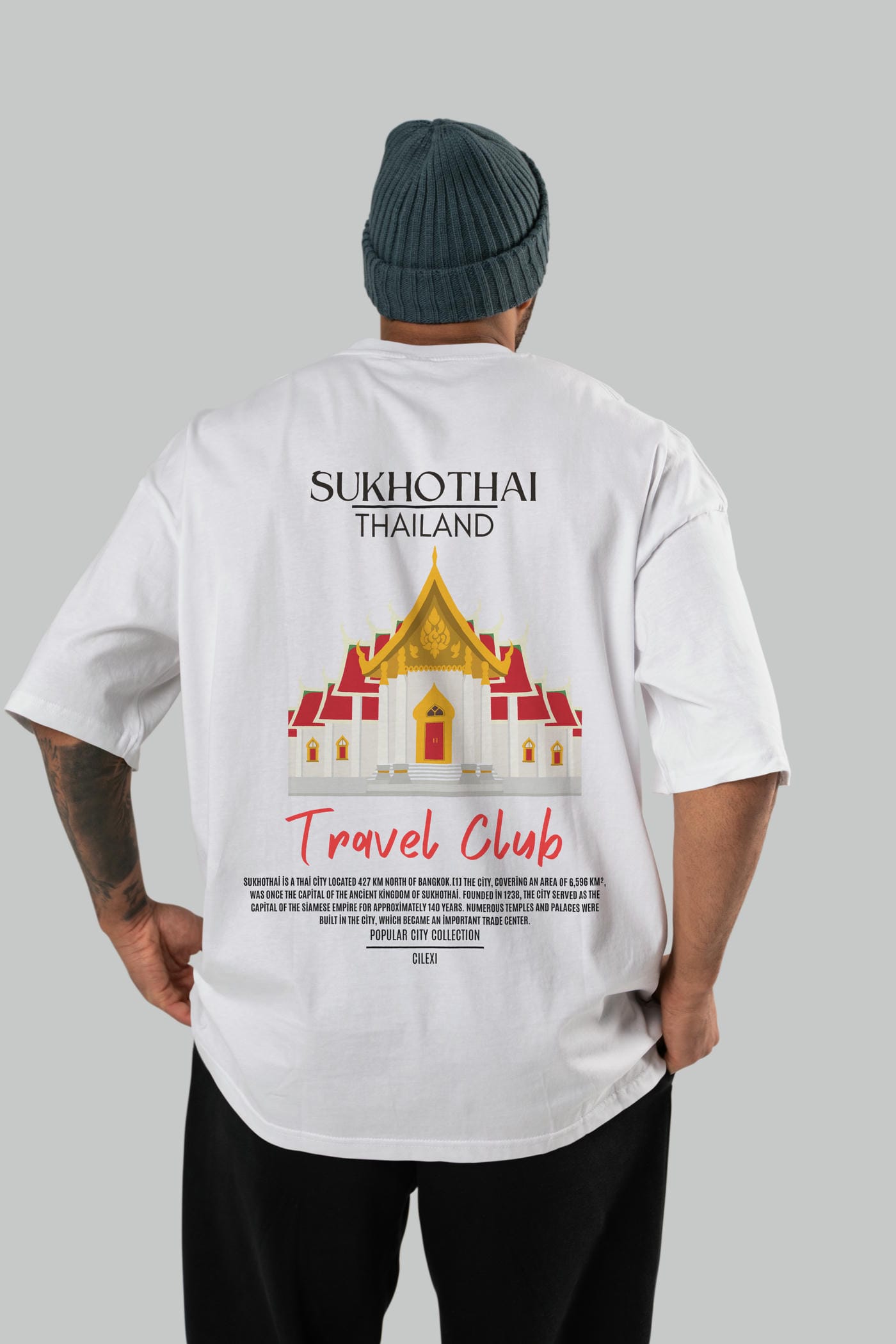 Sukhothai Thailand Arka Baskılı Oversize t-shirt Erkek Kadın Pamuk Bisiklet Yaka tişort