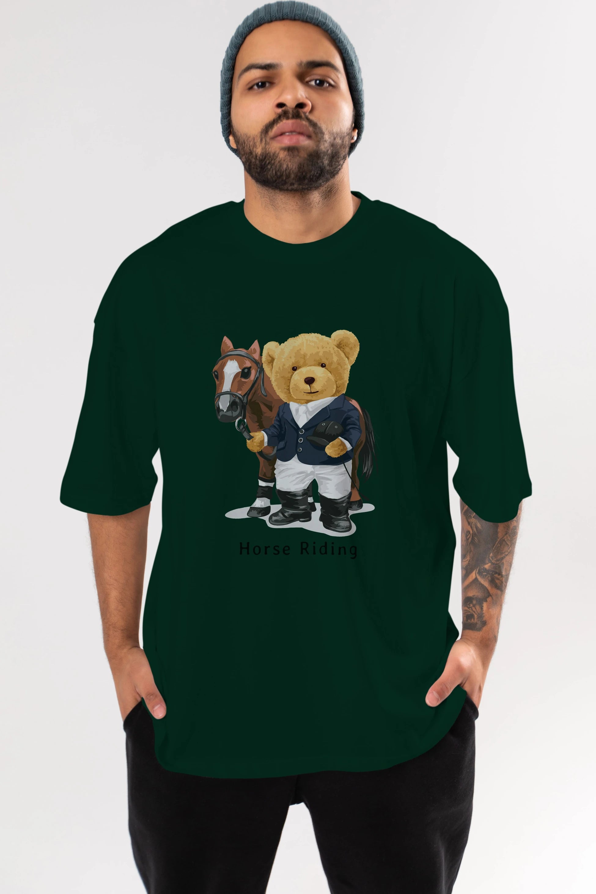 Teddy Bear Horse Riding Ön Baskılı Oversize t-shirt Erkek Kadın Unisex %100 Pamuk