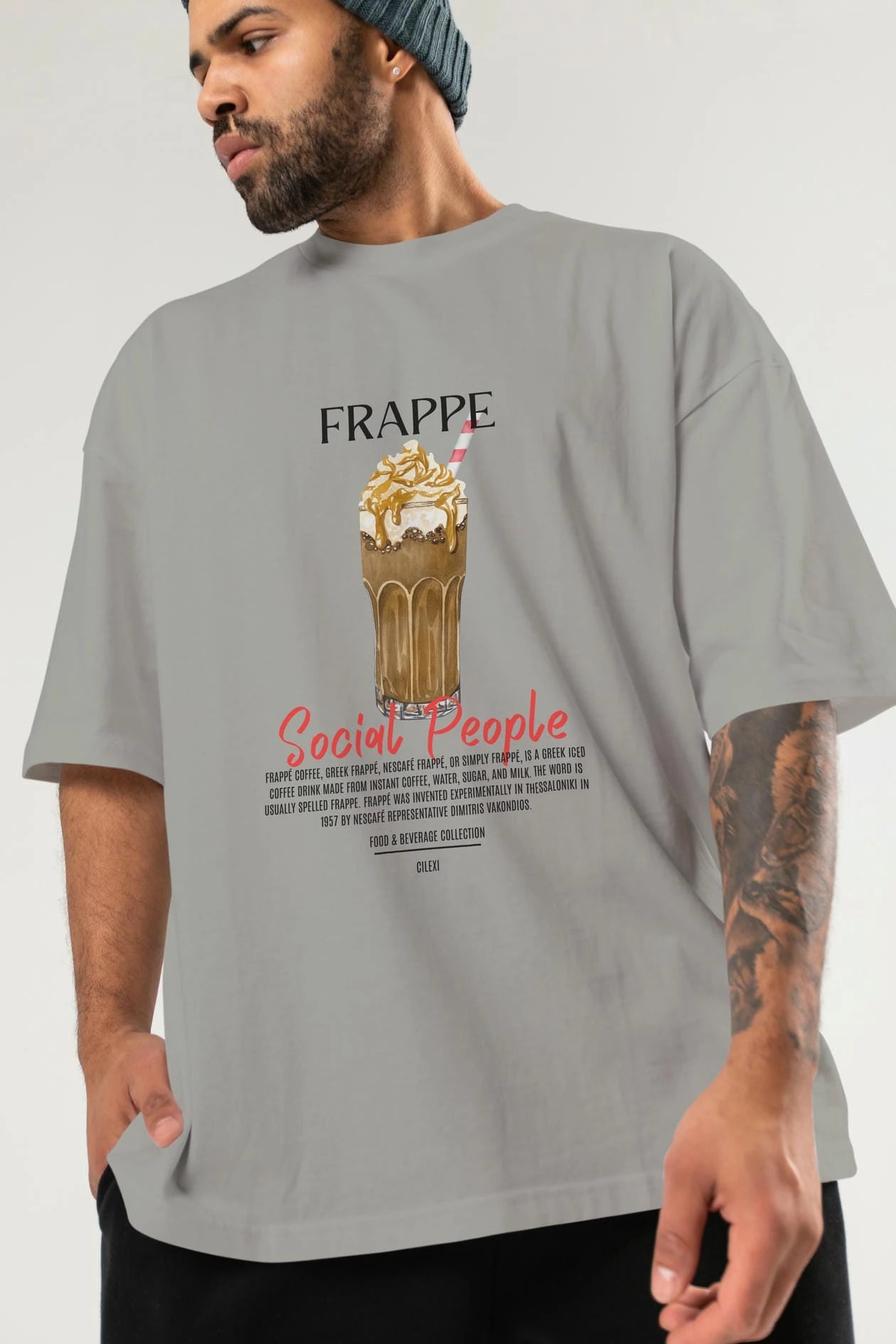 Frappe Kokteyl Serisi ön Baskılı Oversize t-shirt Erkek Kadın %100 Pamuk Bisiklet Yaka tişort