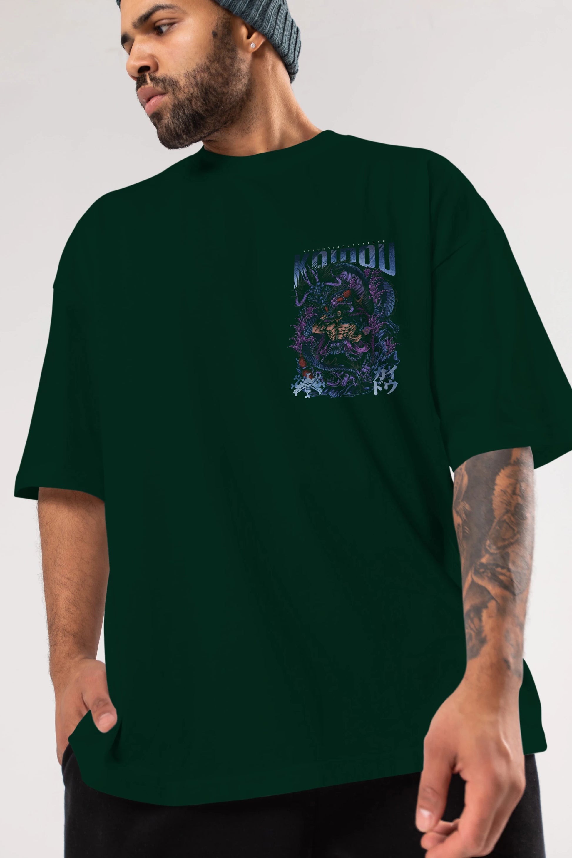 KAIDOU ONE PIECE Ön Sol Baskılı Oversize t-shirt Erkek Kadın Unisex %100 Pamuk Bisiklet Yaka tişort