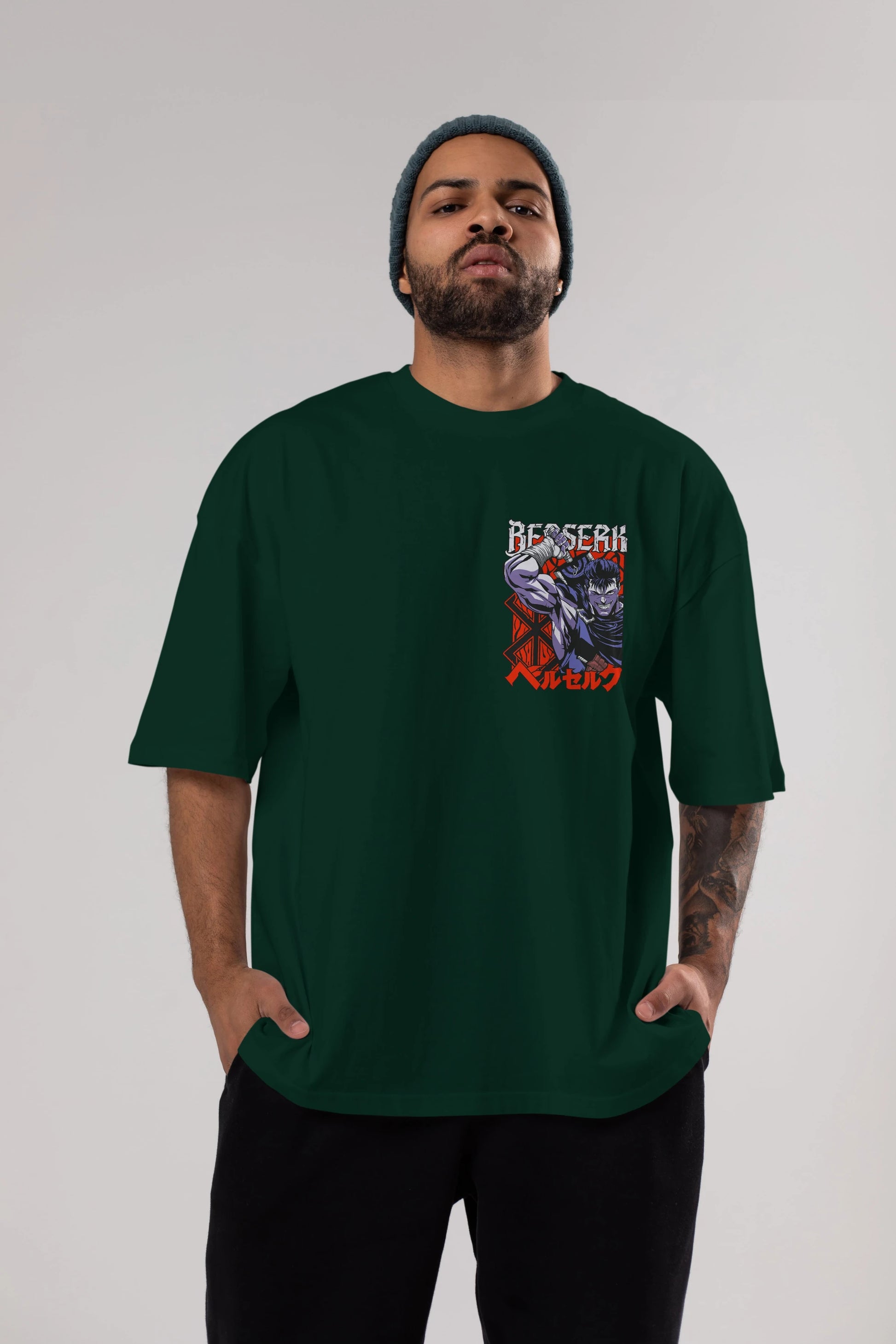 GUTS berserk Ön Sol Baskılı Oversize t-shirt Erkek Kadın Unisex %100 Pamuk Bisiklet Yaka tişort