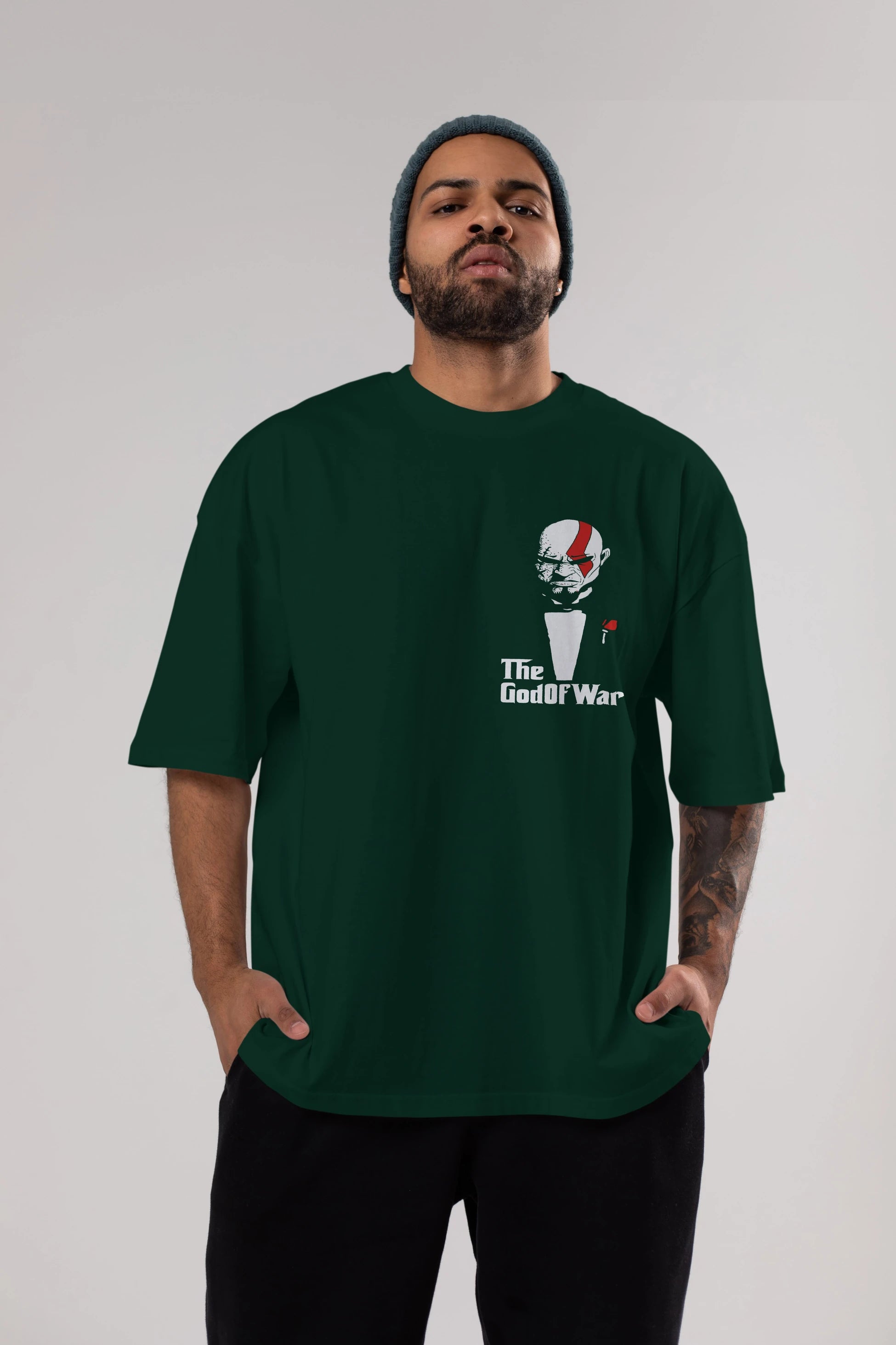 The God of War Ön Sol Baskılı Oversize t-shirt Erkek Kadın Unisex %100 Pamuk Bisiklet Yaka tişort