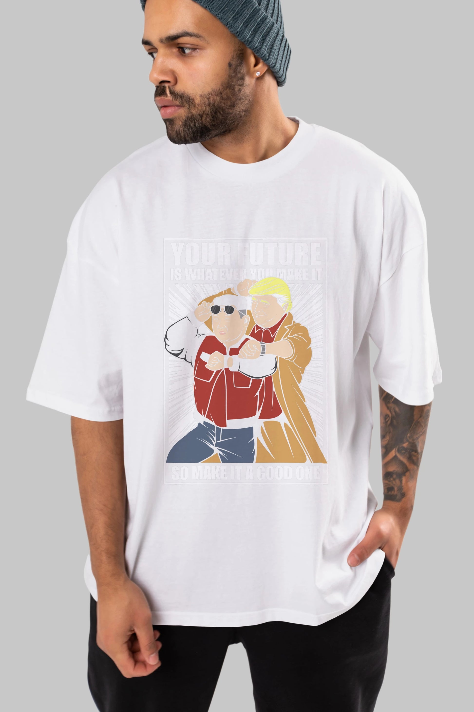 Back To The Future Jong Un Trump Ön Baskılı Oversize t-shirt Erkek Kadın Unisex %100 Pamuk tişort