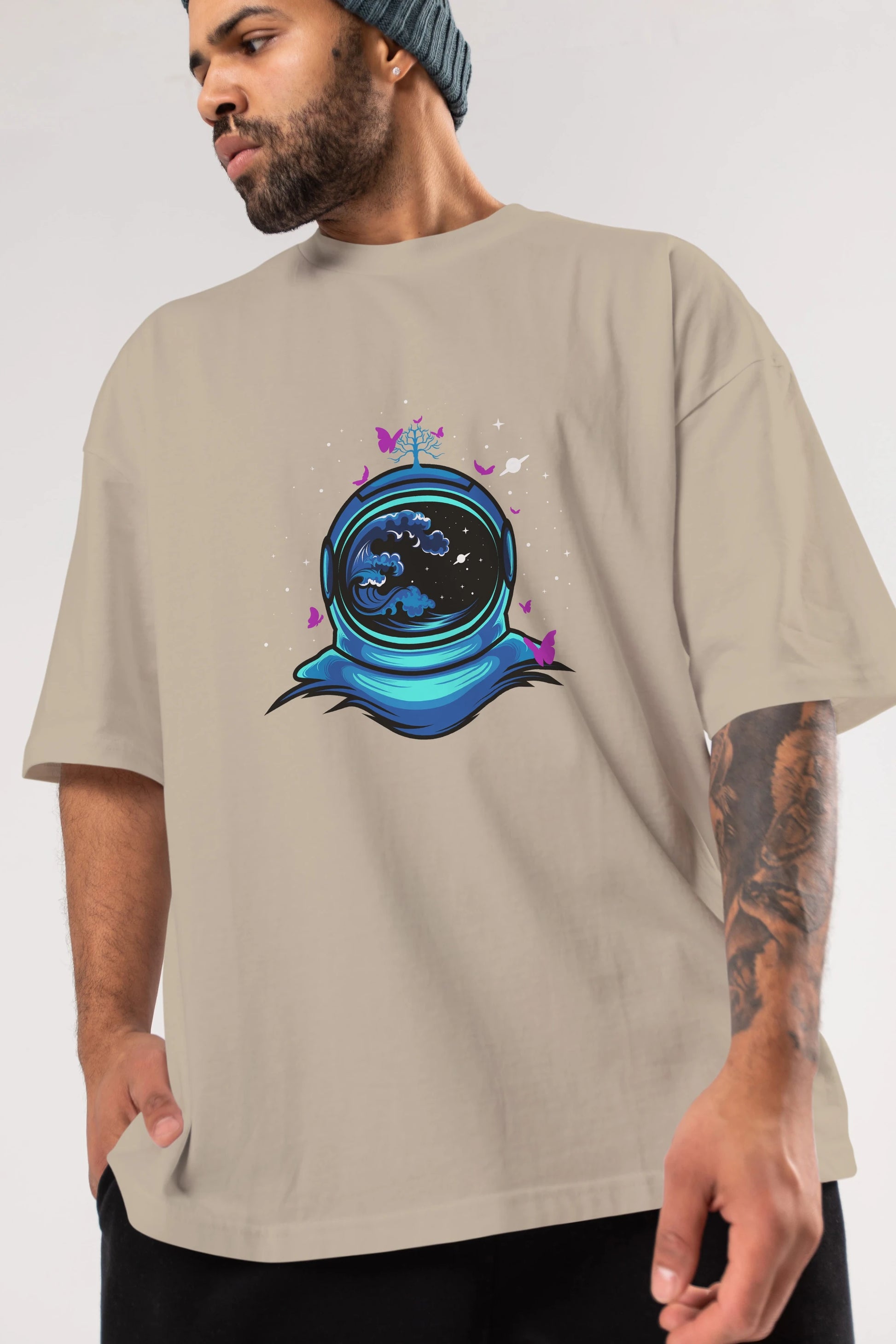 Astronaut and Butterfly Ön Baskılı Oversize t-shirt Erkek Kadın Unisex