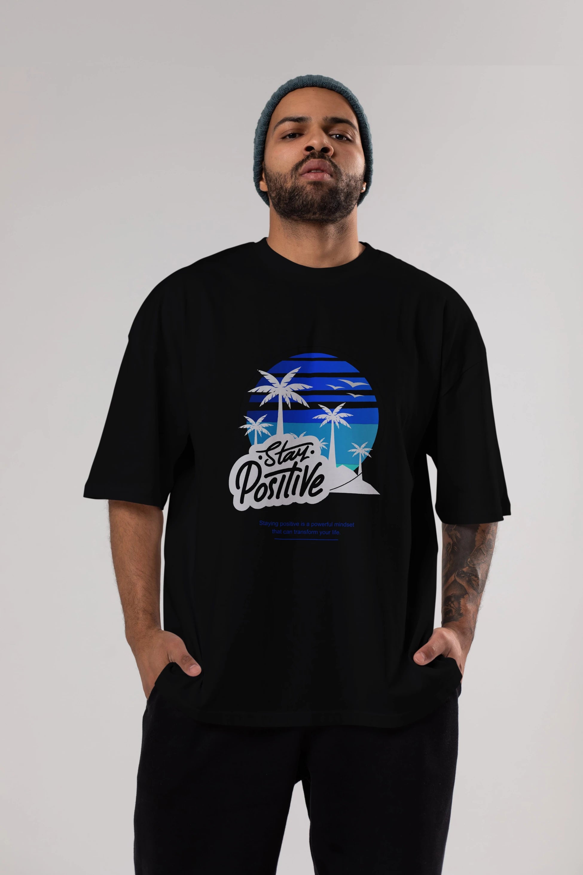Stay Positive Yazılı Ön Baskılı Oversize t-shirt Erkek Kadın Unisex
