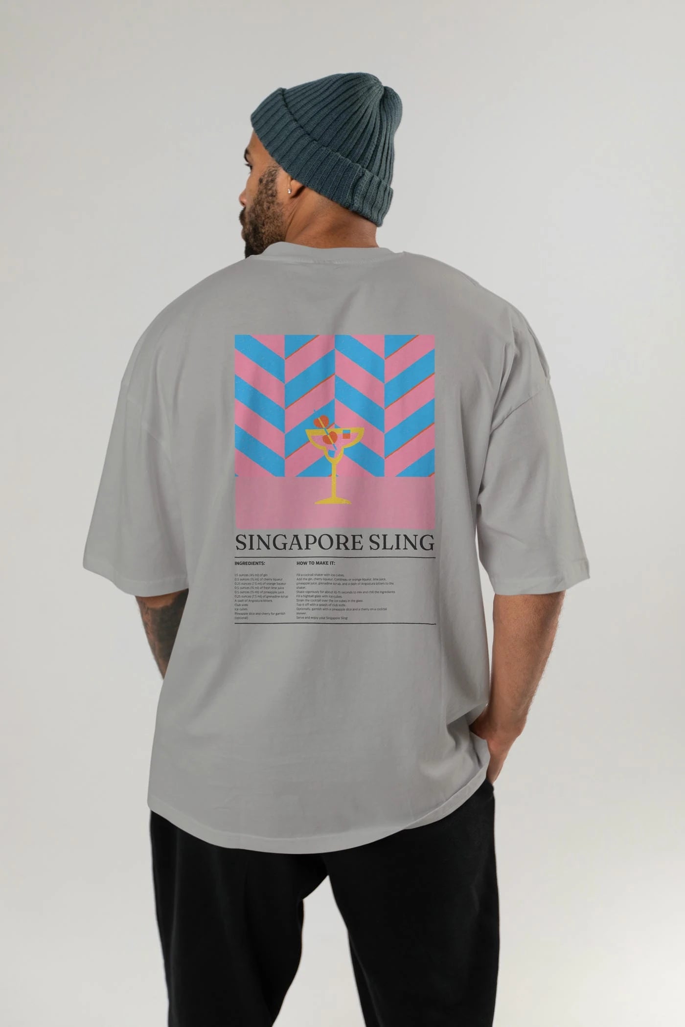 Singapore Sling Kokteyl Serisi Arka Baskılı Oversize t-shirt Erkek Kadın %100 Pamuk Bisiklet Yaka tişort